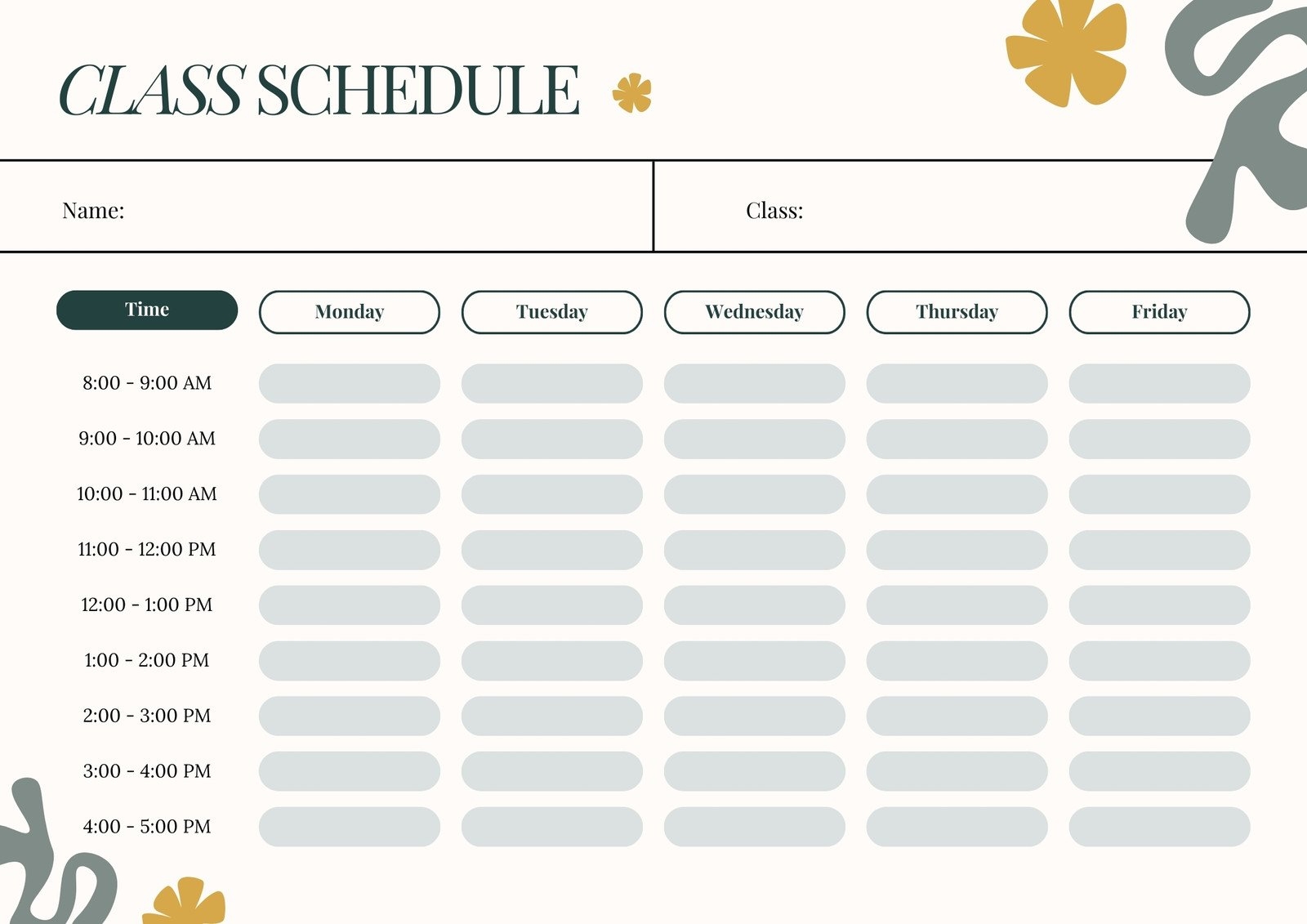 Printable Class Schedule Chart