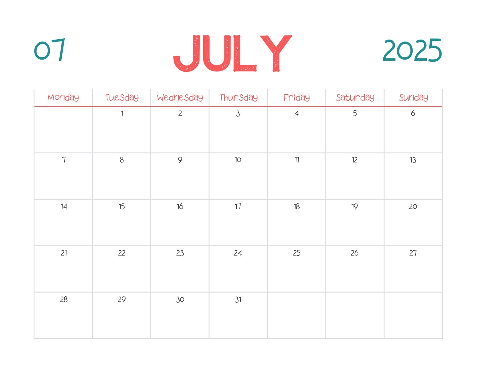 Free Printable Custom July 2025 Calendar Templates Canva
