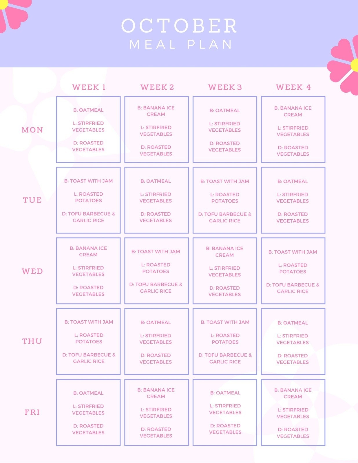 Printable Meal Calendar Monthly