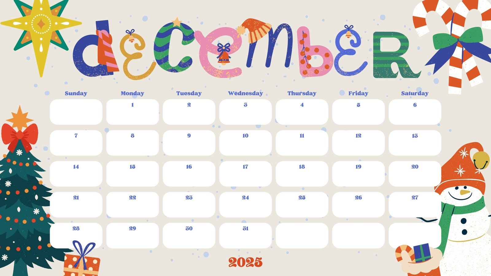 Free Printable December 2025 Calendar Templates Canva