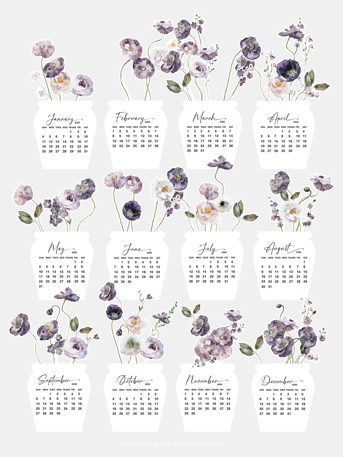 Free Printable Flowers Vase Desk Calendar Violet Purple Poppy Watercolor Floral Desk Free Printable Flowers Vase Desk Calendar Violet Purple Poppy Watercolor Floral Desk