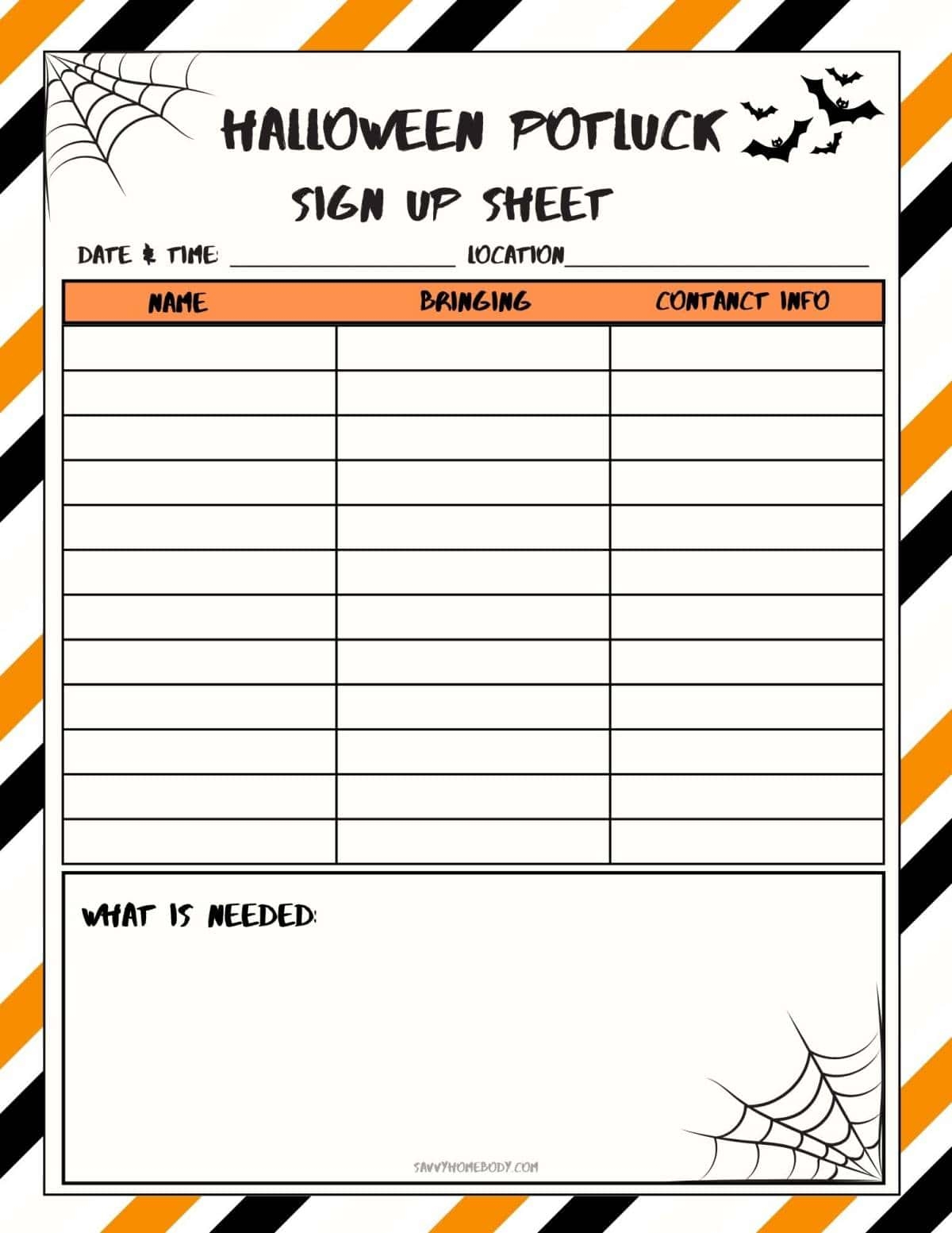Halloween Party Sign Up Sheet Printable