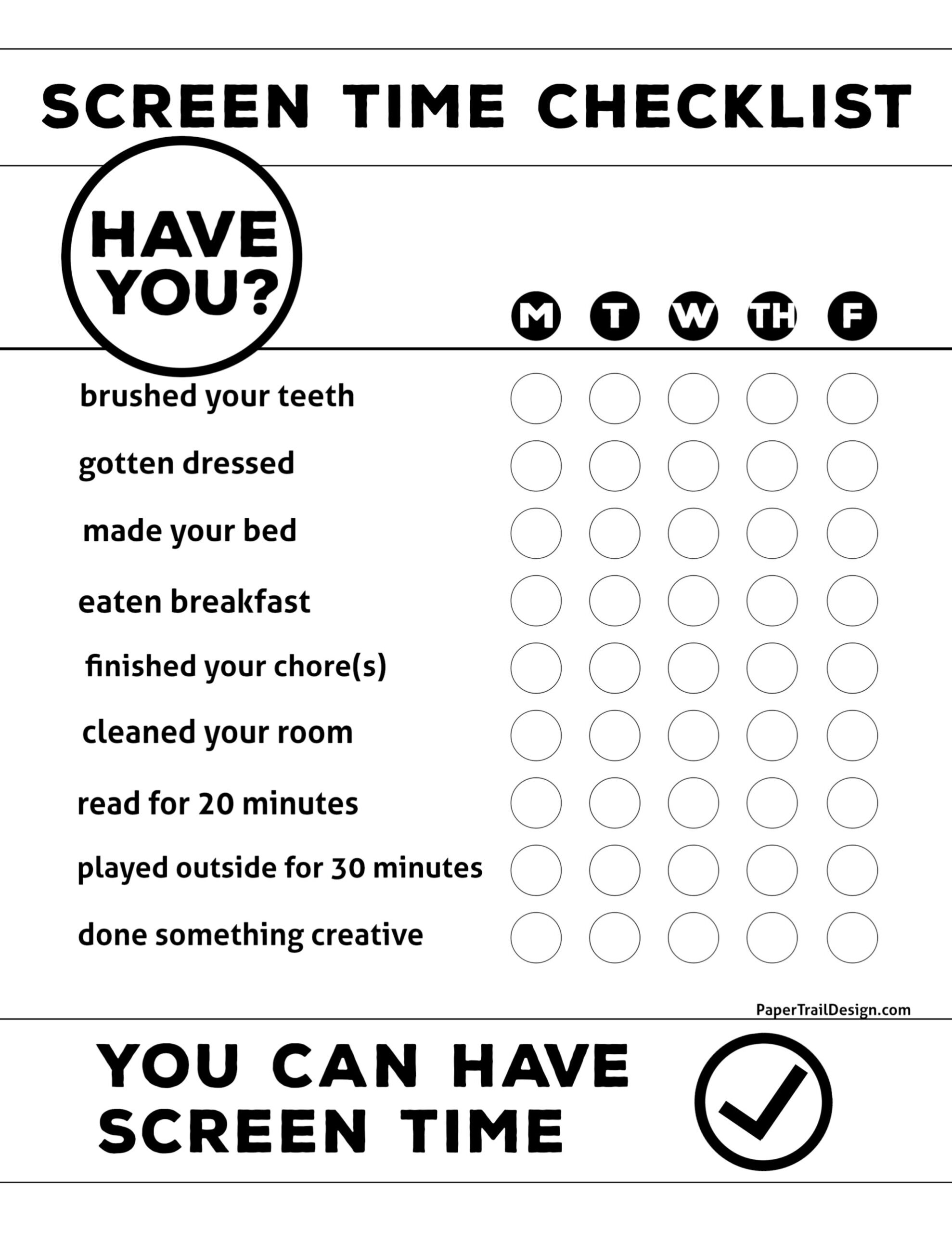 Free Printable Kids Screen Time Checklist Paper Trail Design Free Printable Kids Screen Time Checklist Paper Trail Design