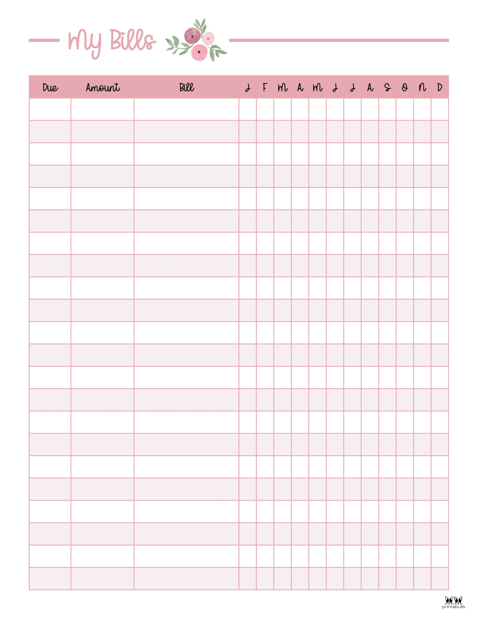 Pdf Free Printable Monthly Bill Chart