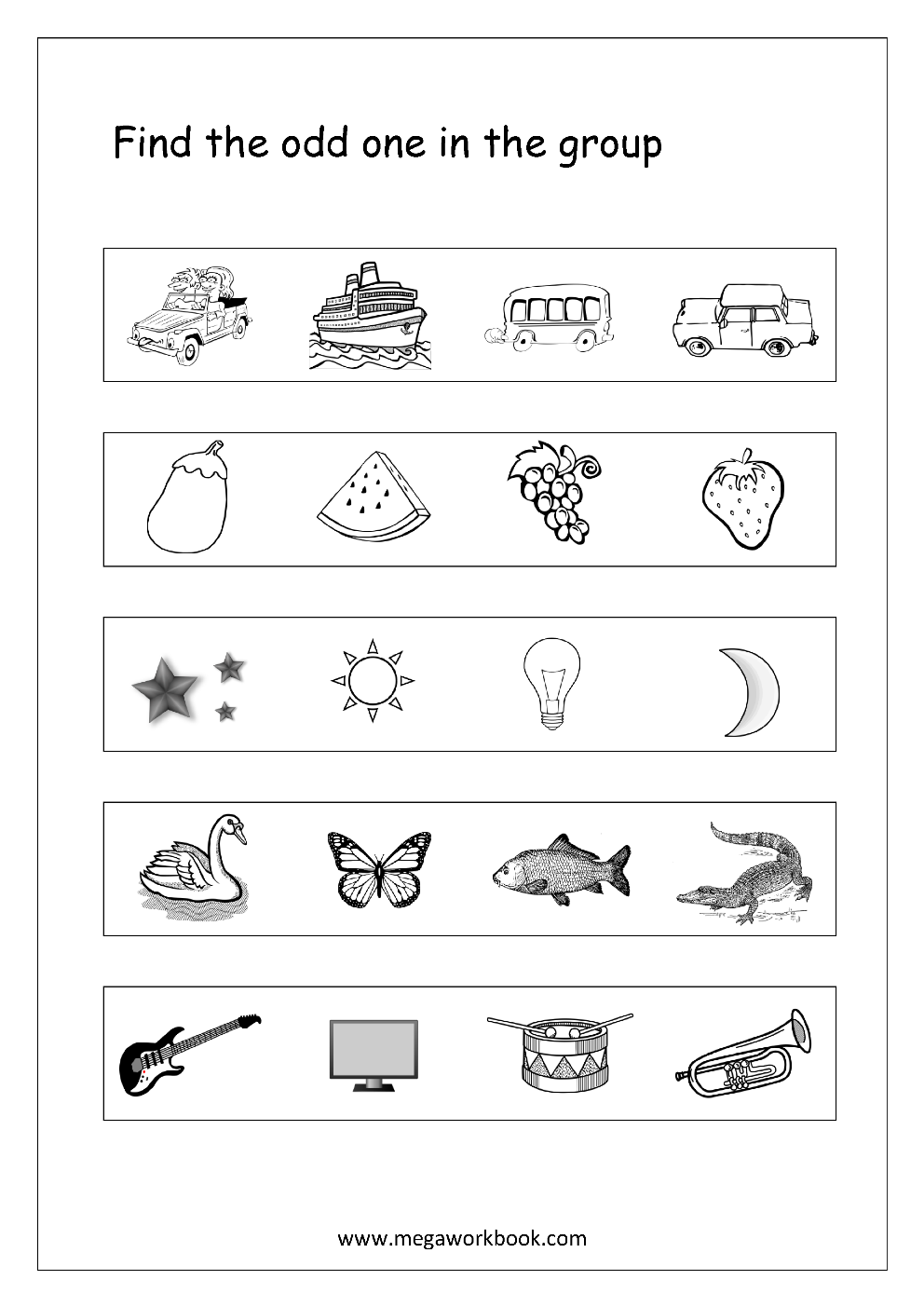 Free Printable Odd One Out Worksheets Logical Thinking U0026 Aptitude Worksheets For Kindergarten Preschool MegaWorkbook