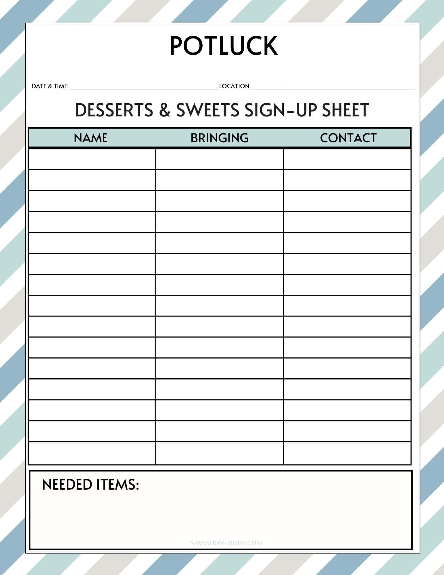 Free Printable Potluck Sign Up Sheets