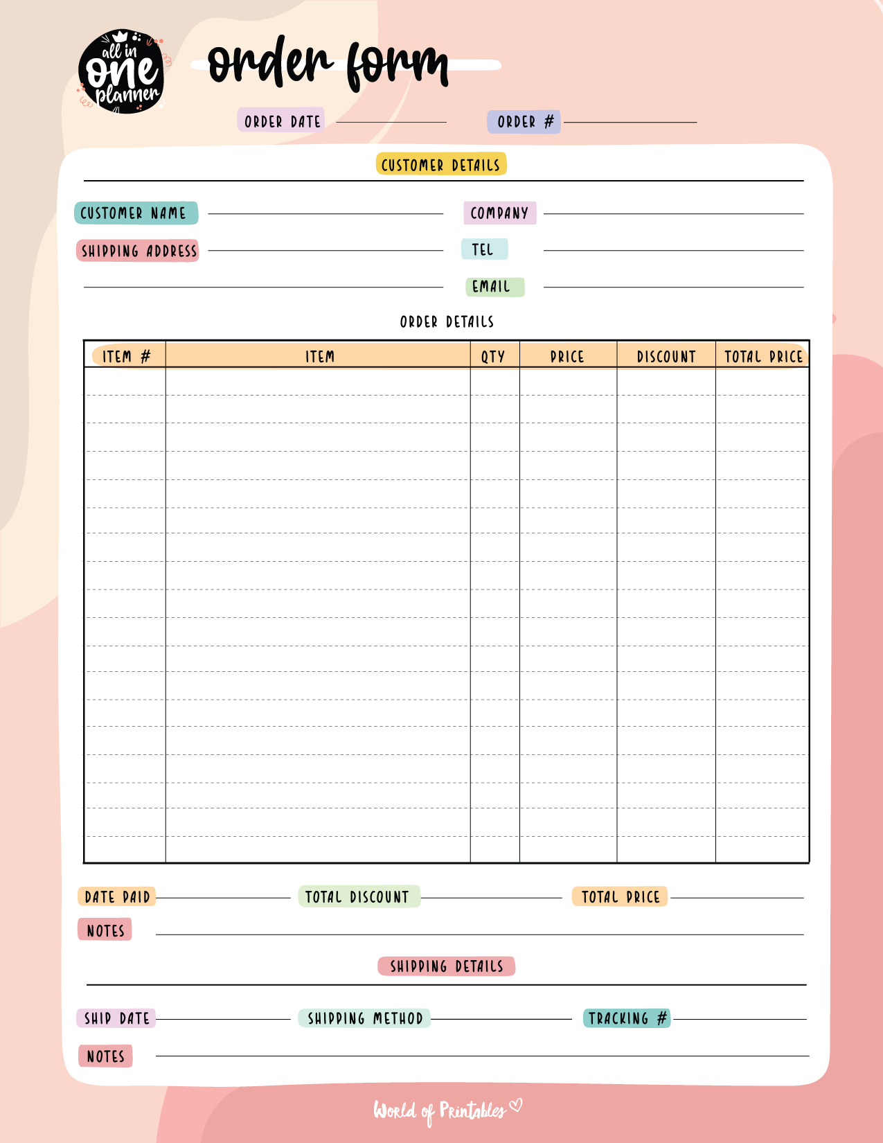 Printable Order Sheets