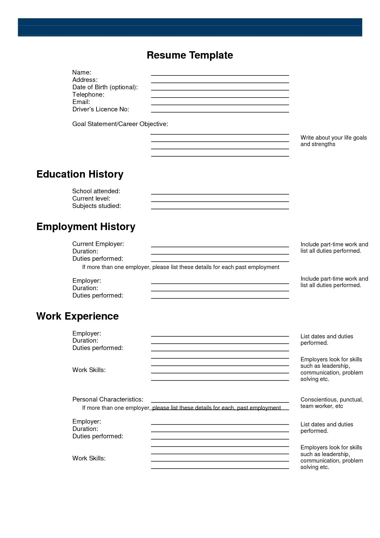 Fill In Blank Printable Resume Worksheet