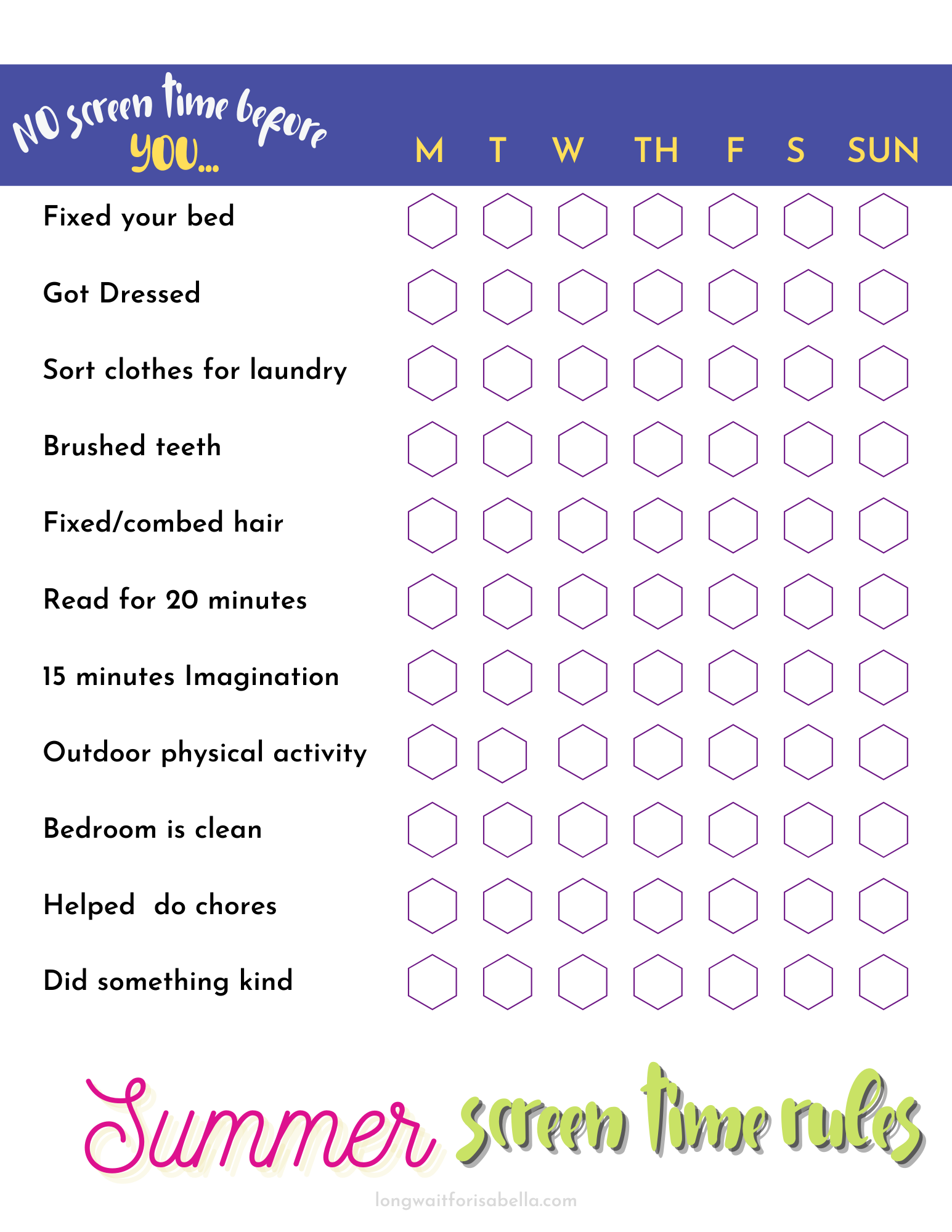 FREE Printable Screen Time Limits Chart Long Wait For Isabella