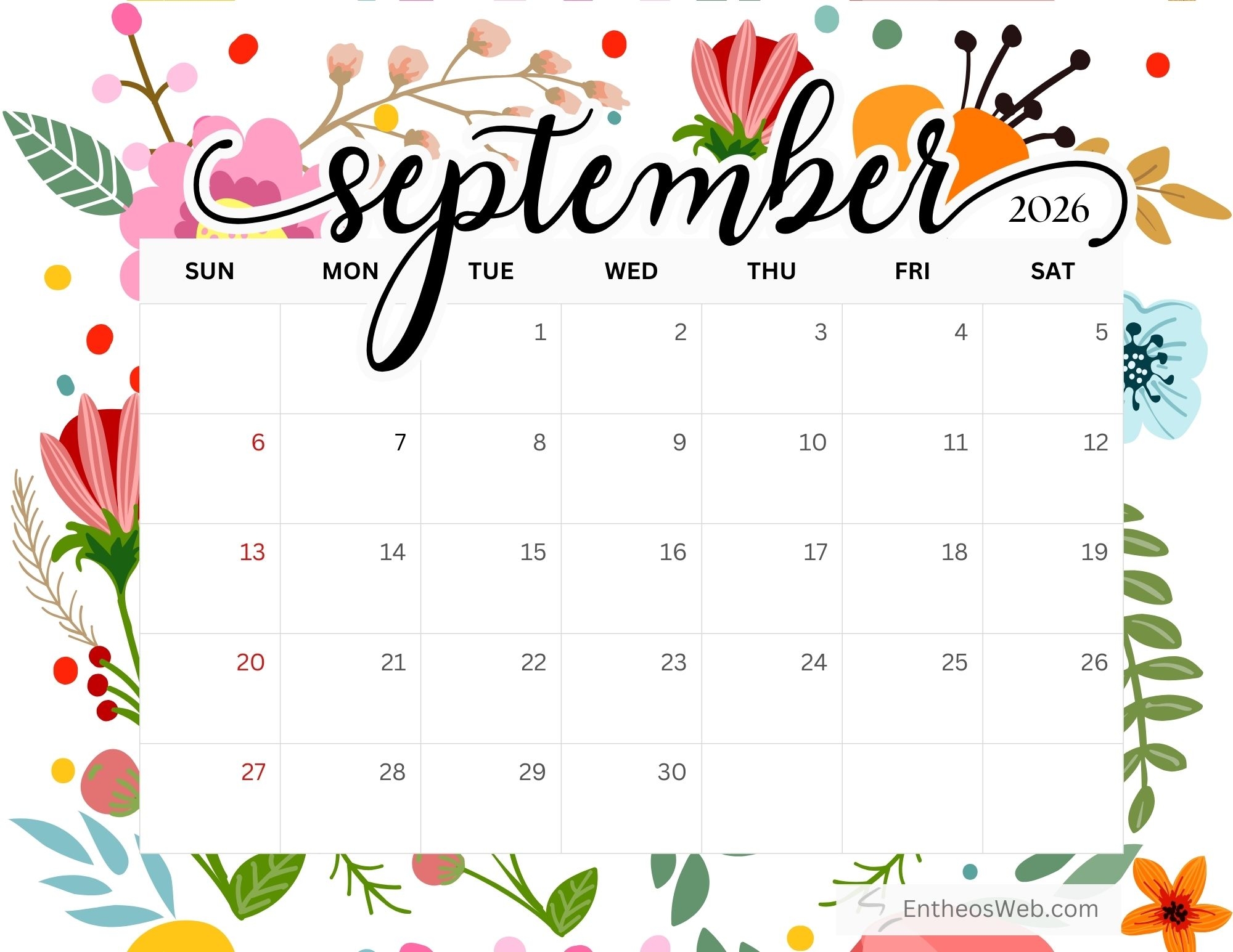 Sept 2026 Calendar Printable Free Sept 2026 Calendar Printable Free