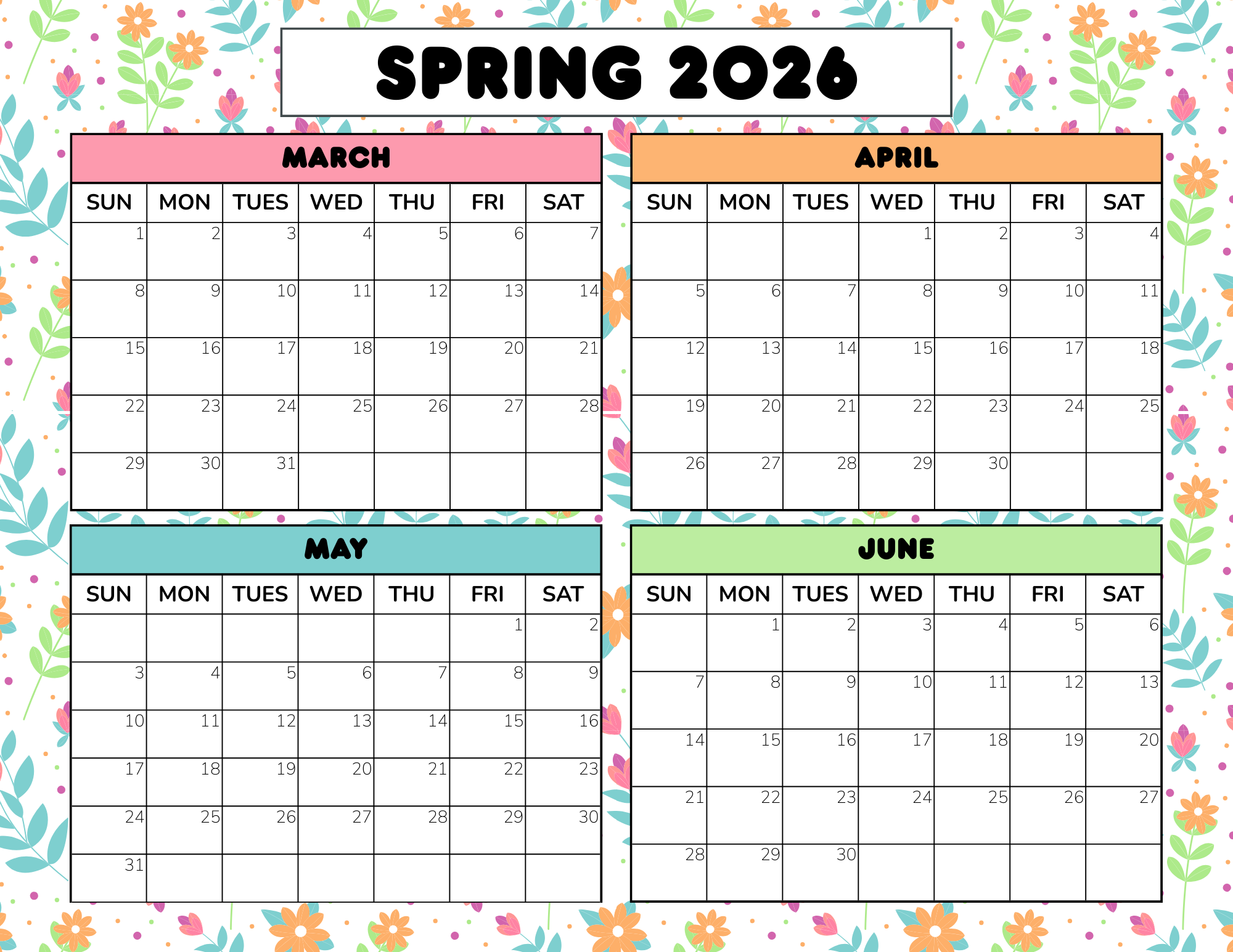 Free Spring Calendar Printable 2026 2027 PDF