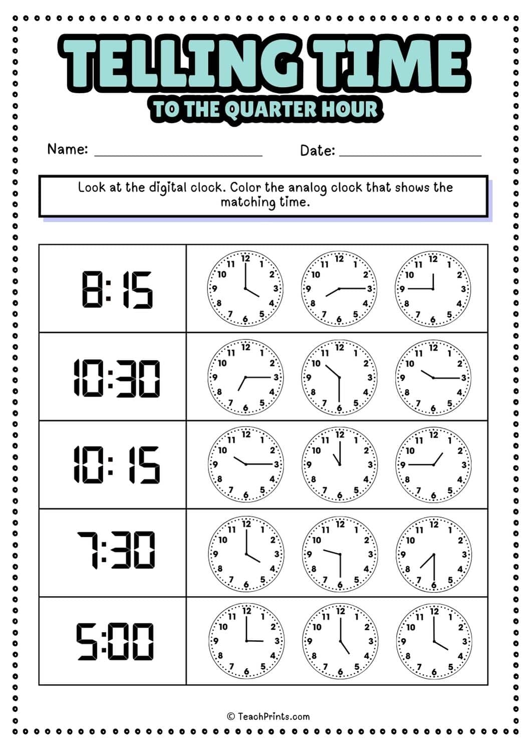 Free Telling Time To The Quarter Hour Worksheets Teach Prints