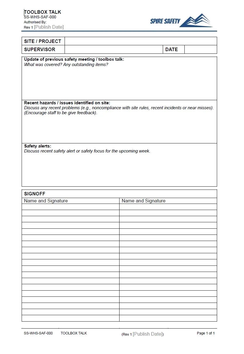 Printable Safety Meeting Sign In Sheet