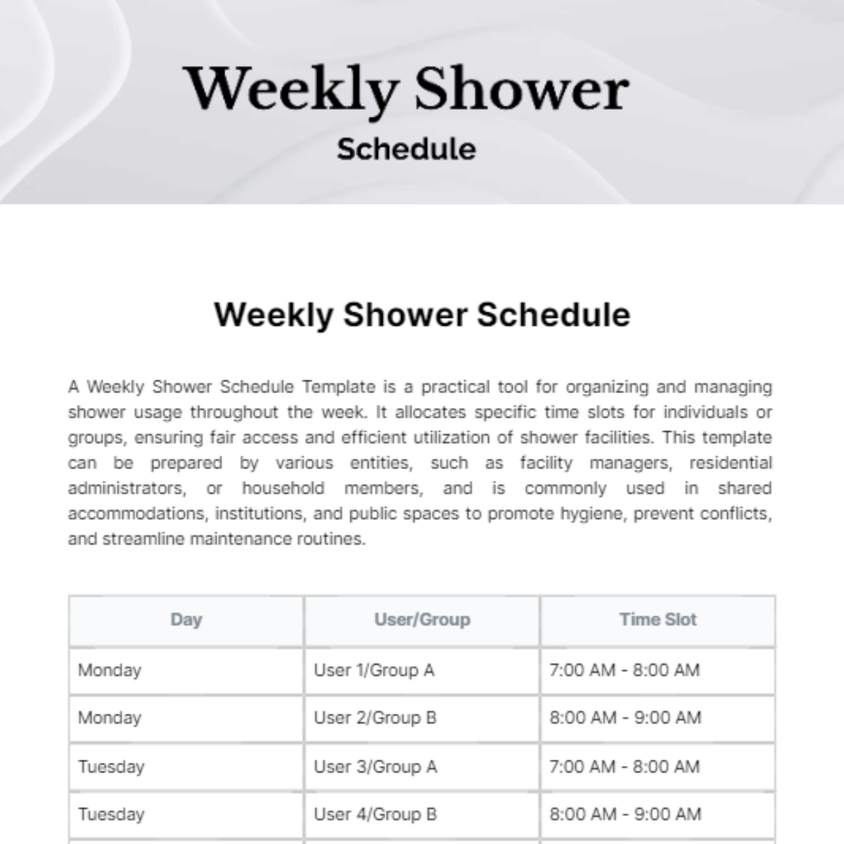 Free Weekly Shower Schedule Template To Edit Online