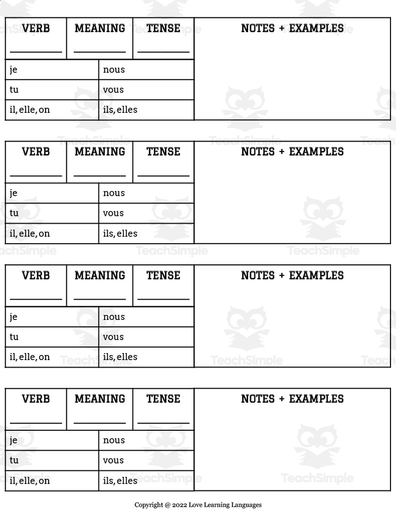 French Conjugation Tables Blank Template By Teach Simple