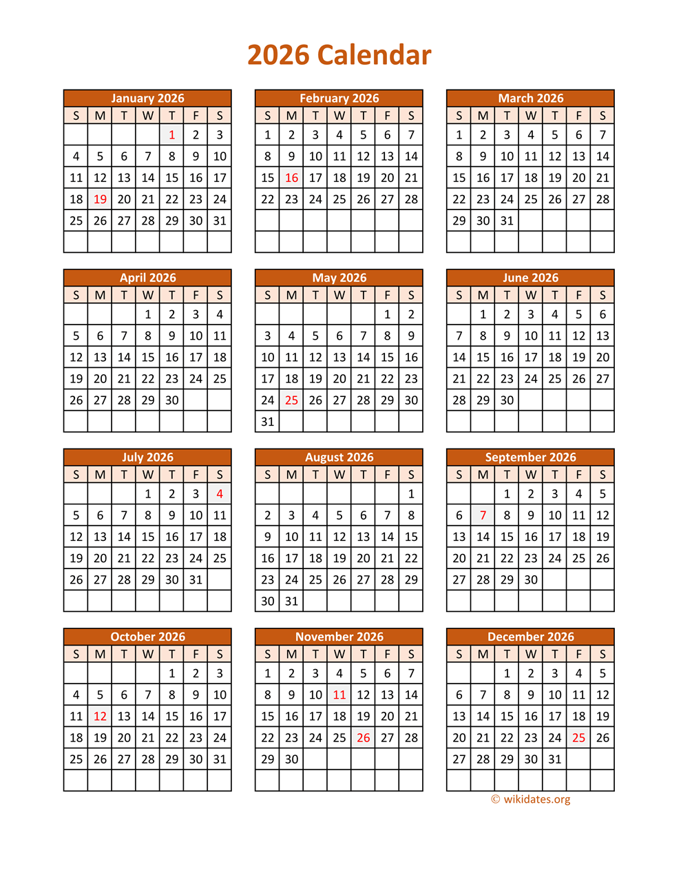 Full Year 2026 Calendar On One Page WikiDates