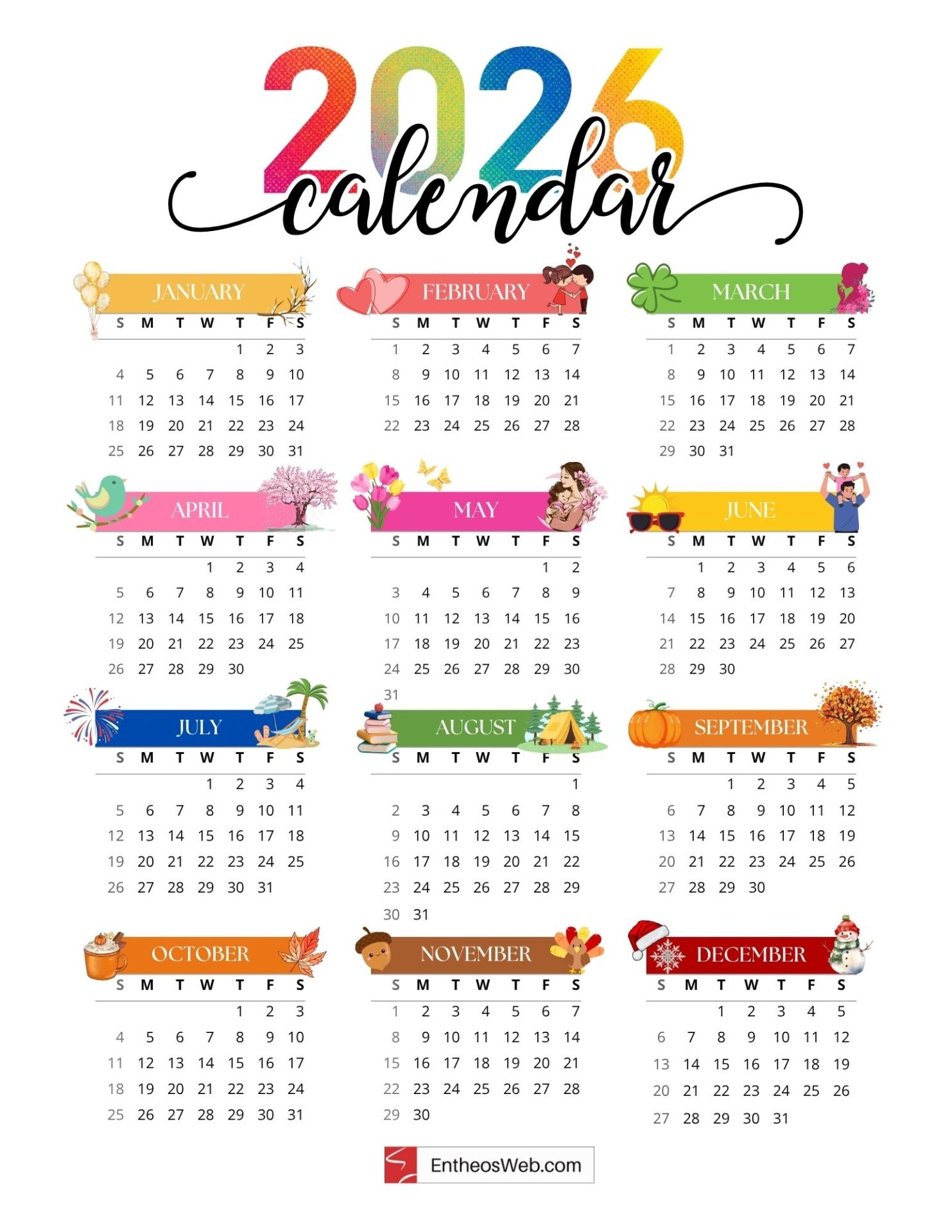 1 Year Printable Calendar 2026