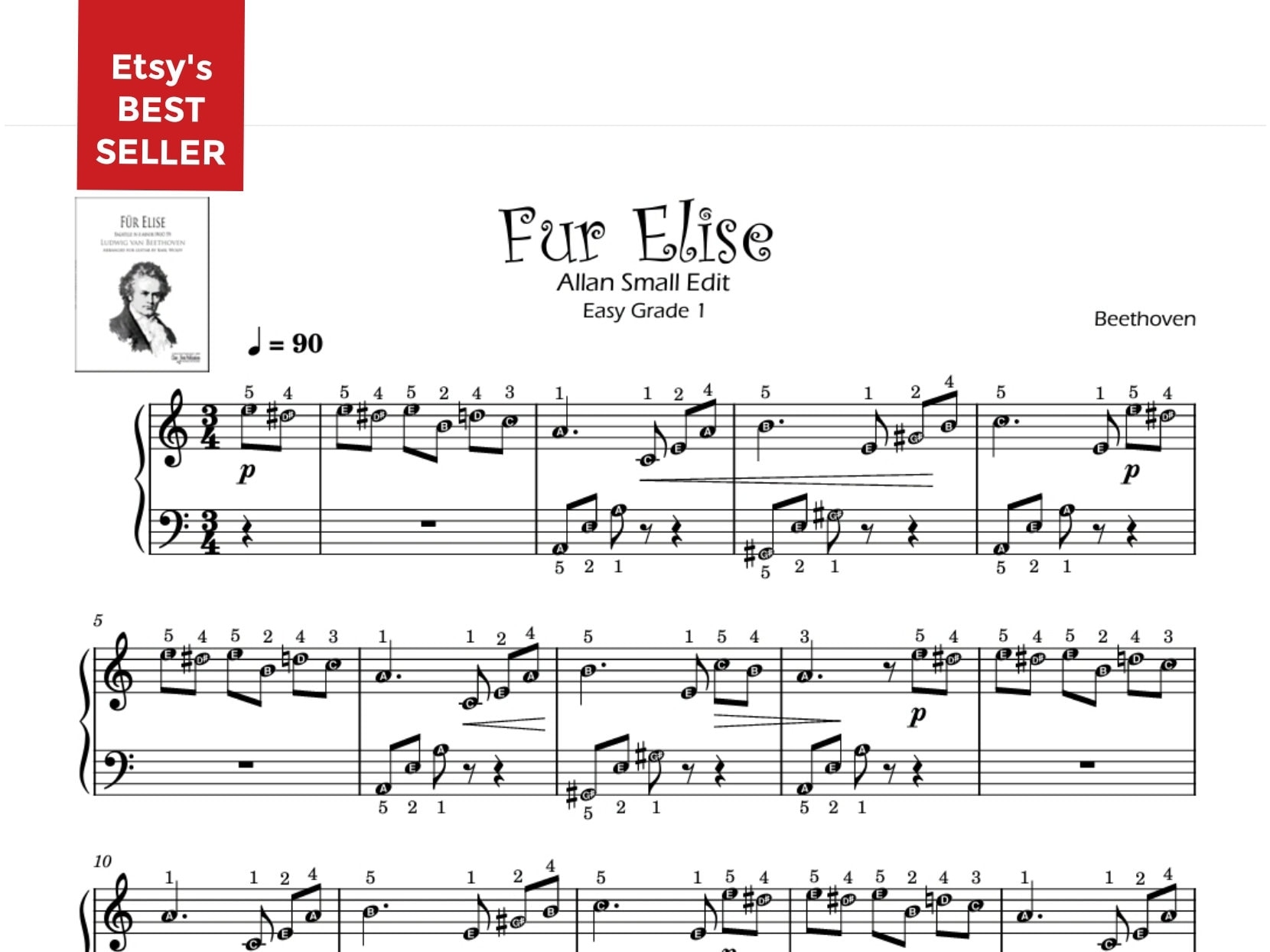 Fur Elise Easy Piano Sheet Music Edited By Allan Small short Version Self learning Series Etsy
