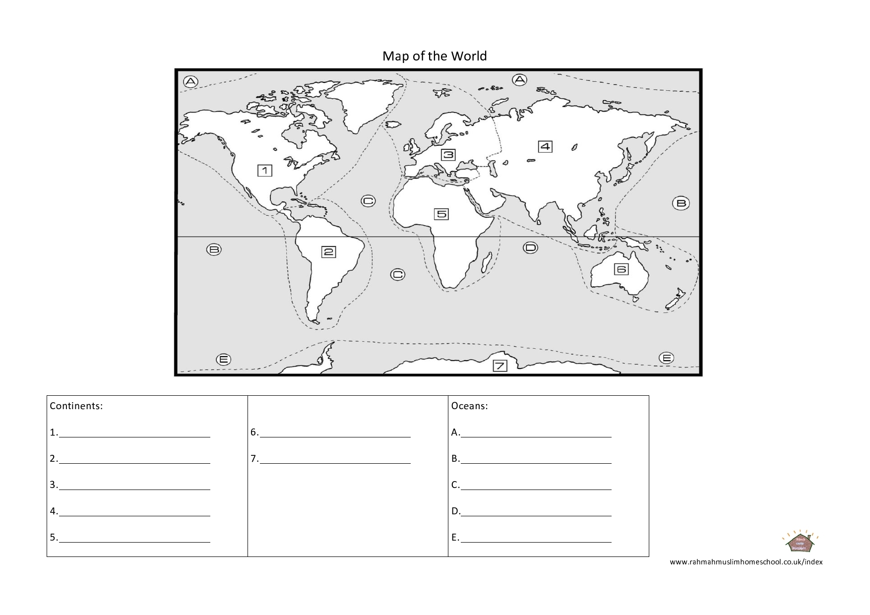 Geography Continents And Oceans Worksheet The Islamic Home Worksheets Library