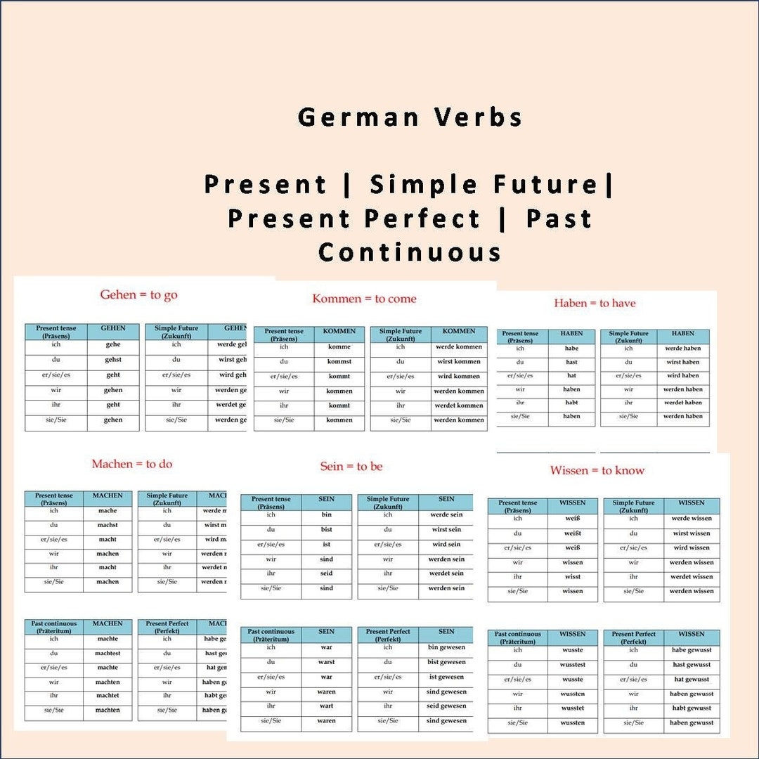German Verb Conjugation Tables Common Tenses instant Download Etsy