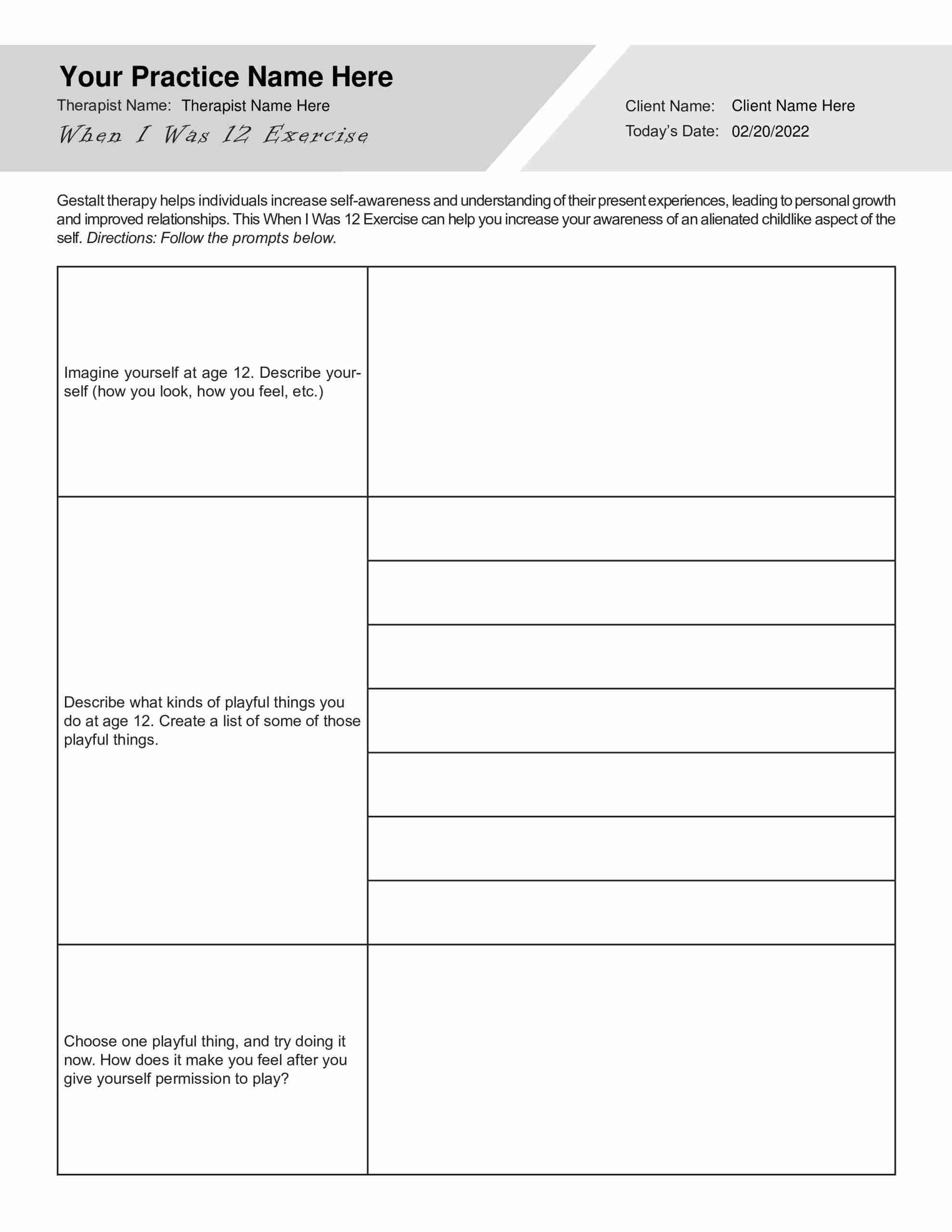 Gestalt Therapy When I Was 12 Worksheet PDF TherapyByPro