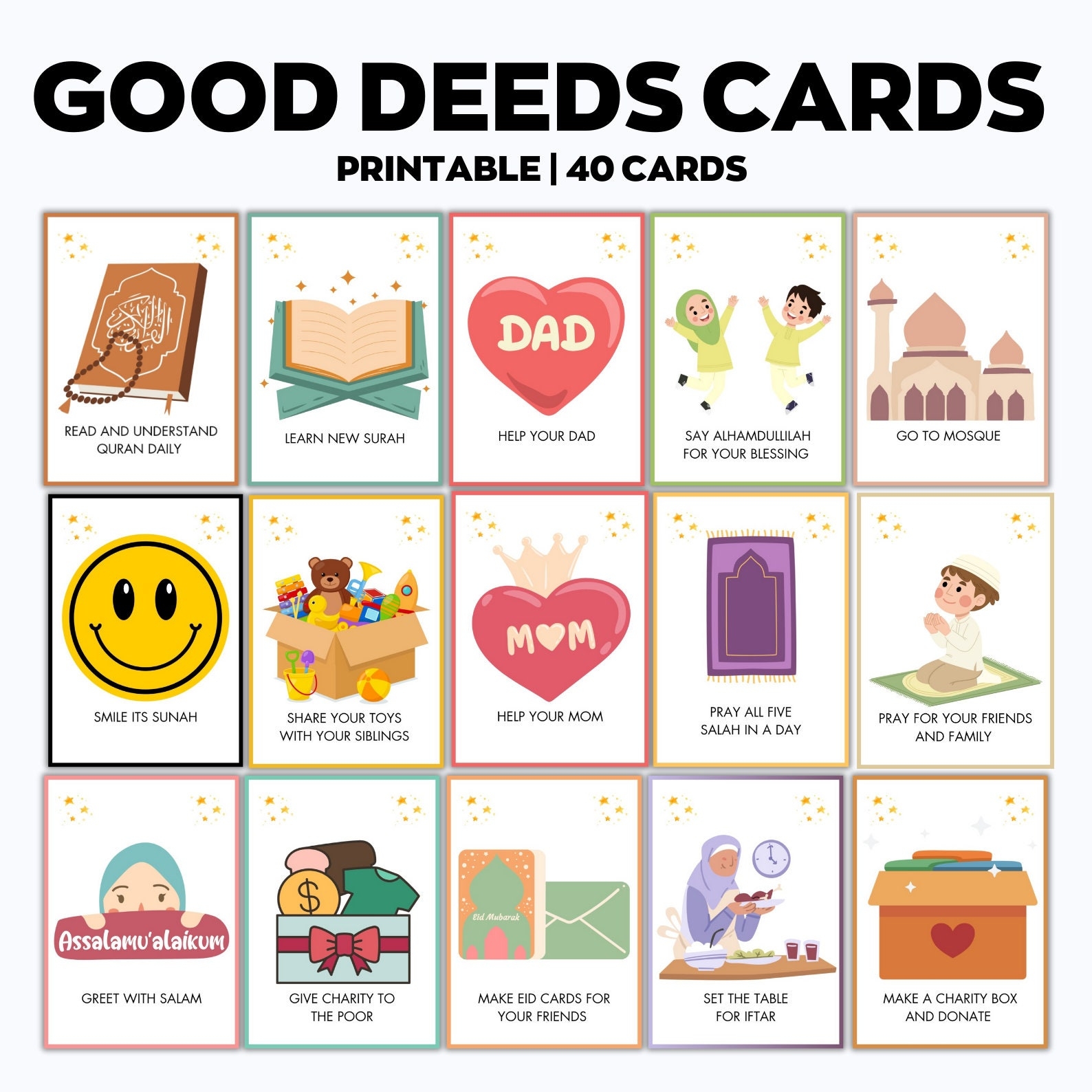 Good Deeds Cards Printable Ramadan Cards Ramadan Advent Cards Kids Good Deeds Ramadan Kids Activities Muslim Activity Ramadan Calendar Etsy