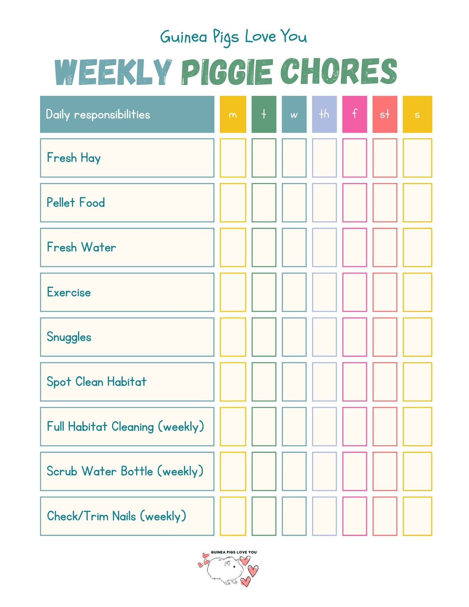 Guinea Pig Weekly Chore Chart Etsy