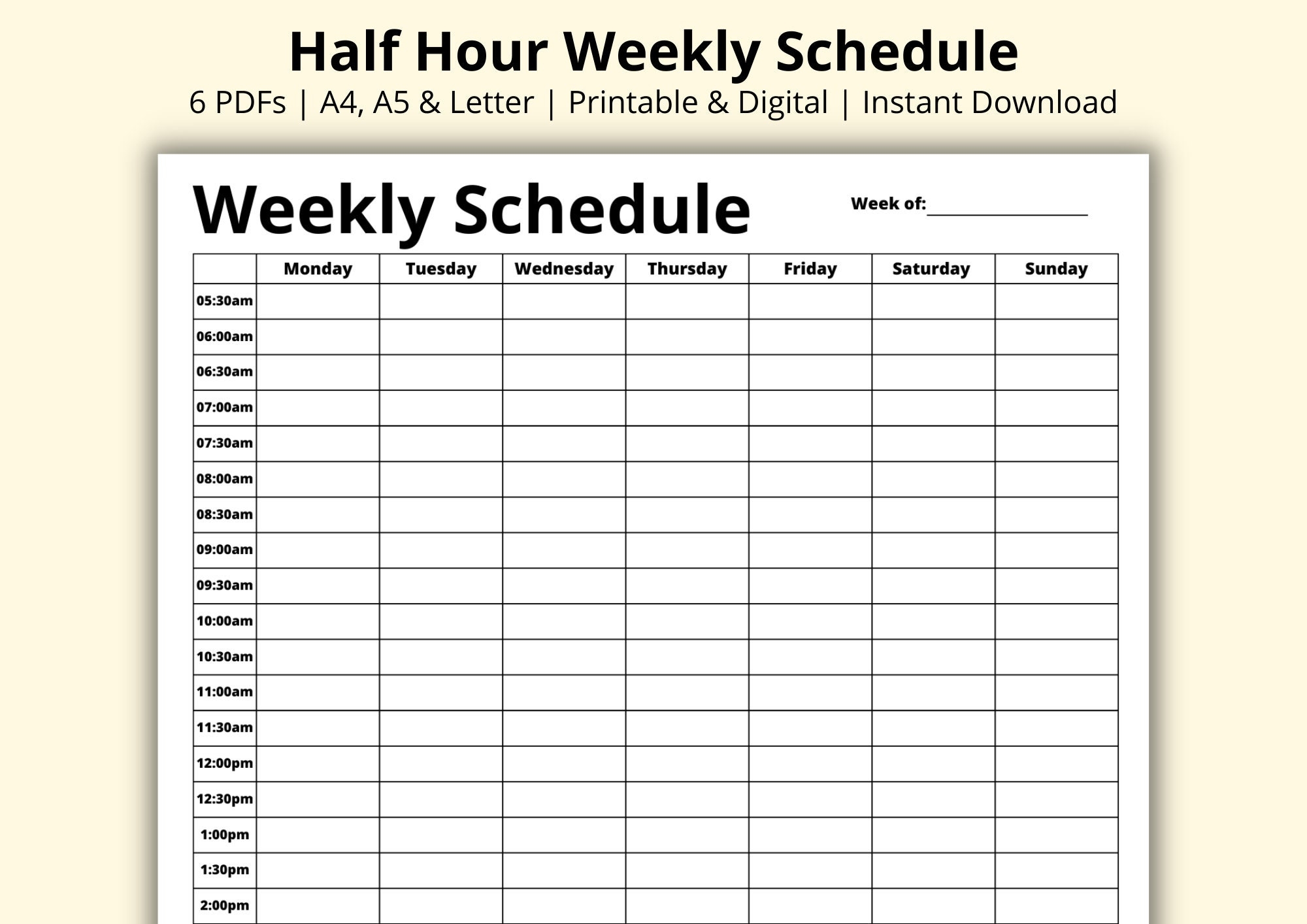 Half Hour Weekly Schedule 7 Day Planner Weekly Planner PDF Week At A Glance Weekly Agenda Tasks List Printable digital A4 a5 letter Etsy