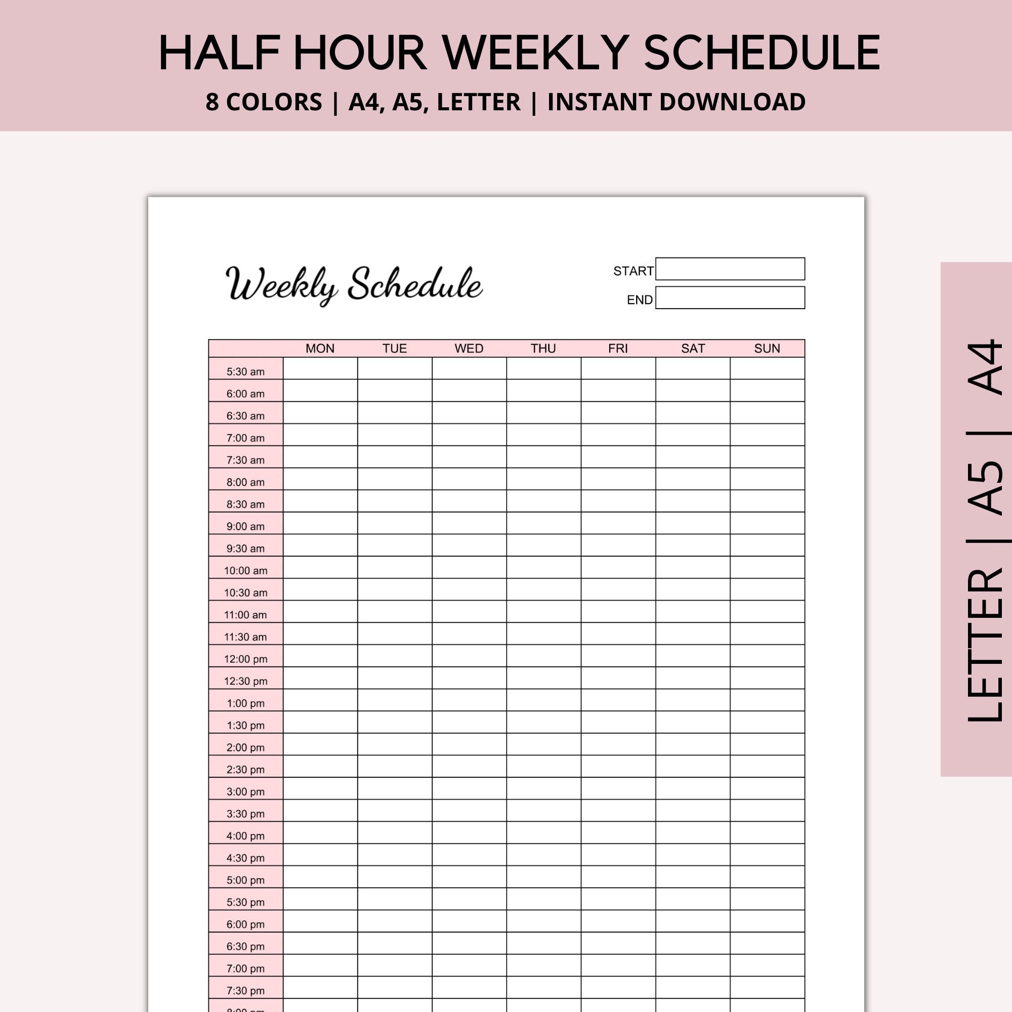 Half Hour Weekly Schedule Half Hour Planner Weekly Planner Printable Week At A Glance A4 LETTER A5 PDF Etsy