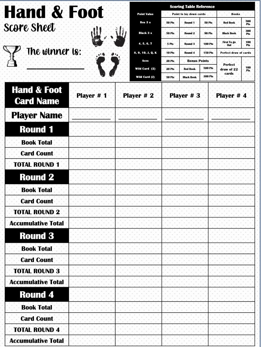 Hand And Foot Score Card Hand And Foot Scoresheet Hand And Foot Score Pads Printable File PDF Download 8 5x11