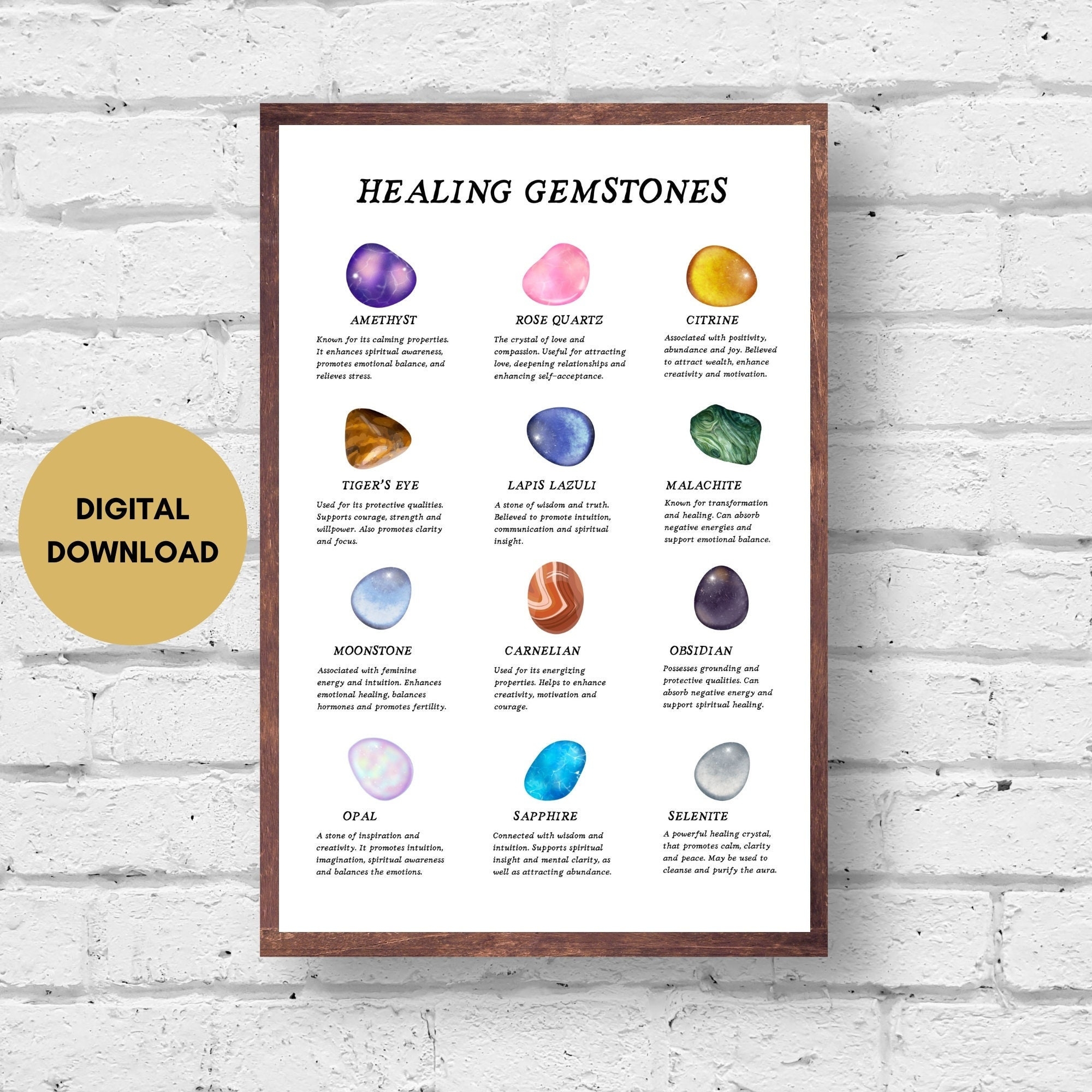 Healing Gemstones Print Crystals Poster Digital Download Gemstone Printable Crystal Properties Etsy