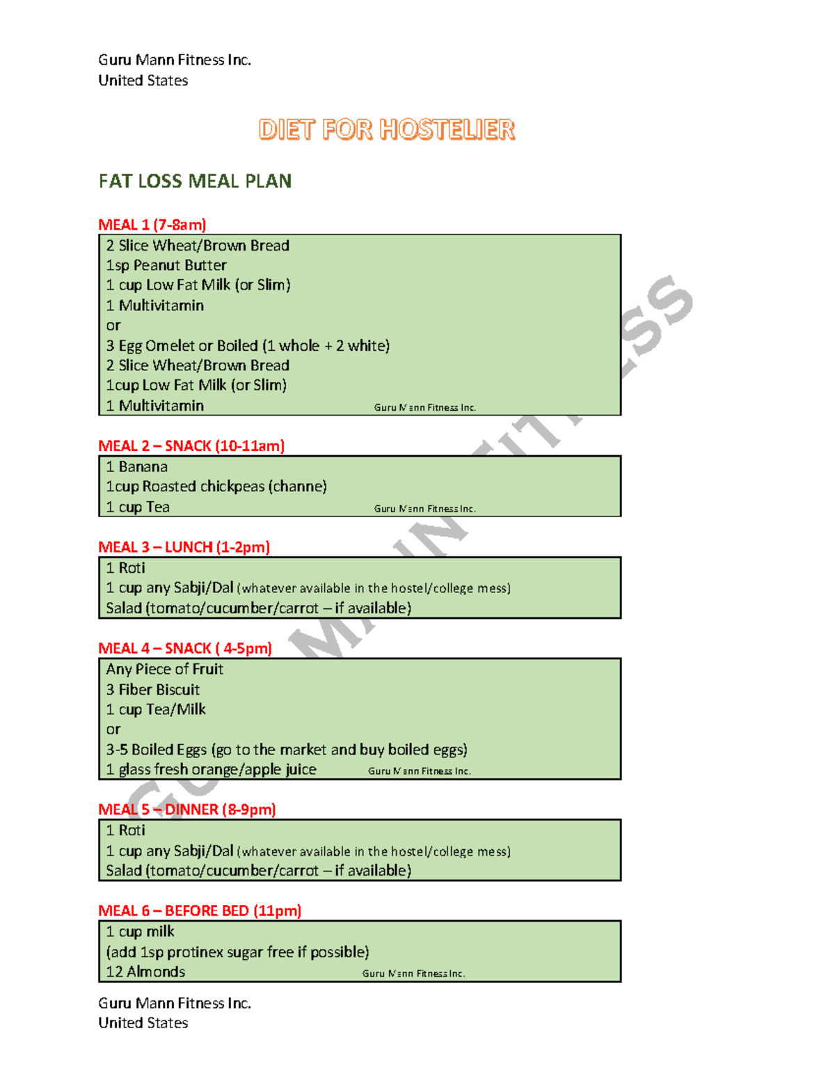 Healthy Meal Plans For Hosteliers Fat Loss Muscle Building Studocu