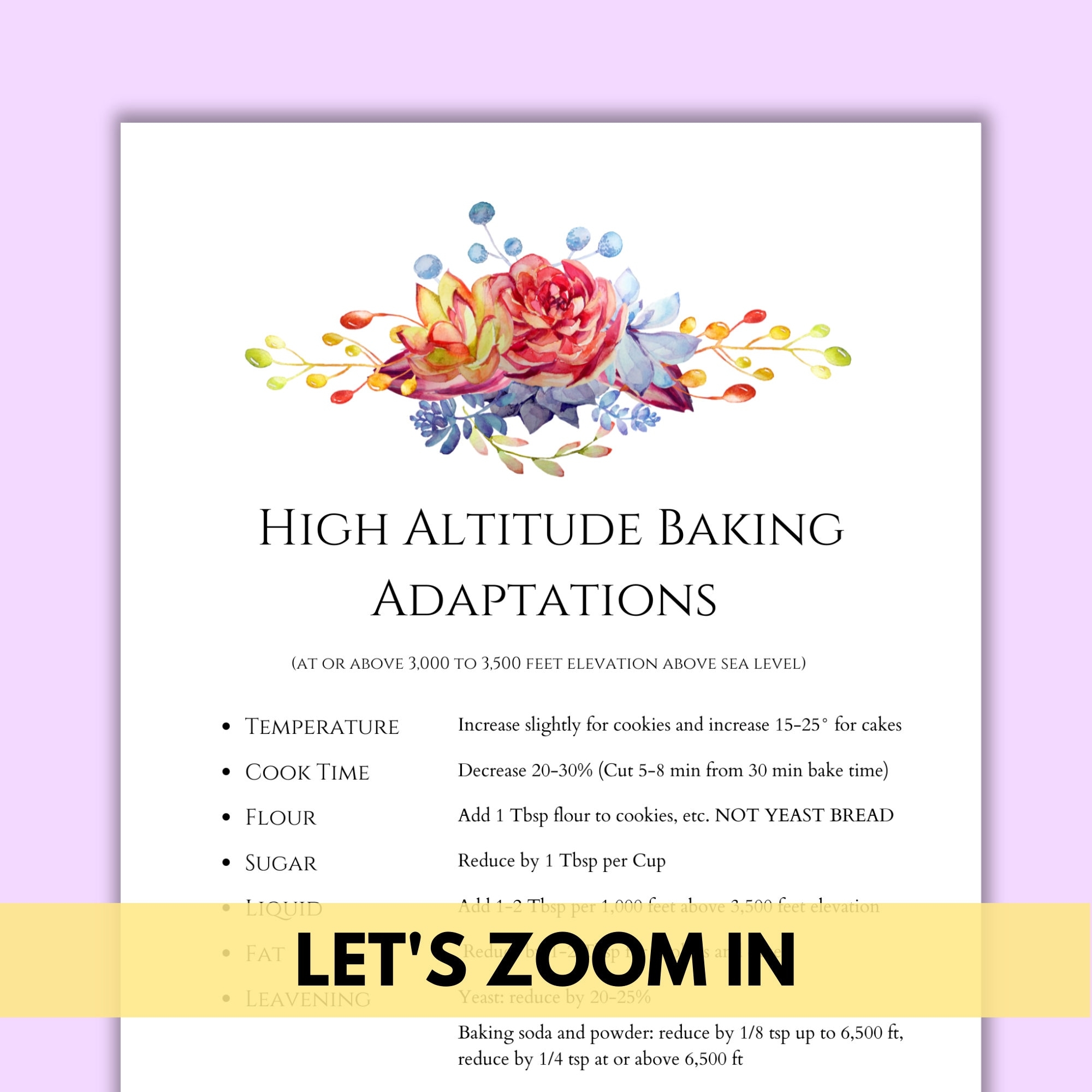High Altitude Baking Adjustments Chart Printable PDF US Letter Size 8 5 X 11 Instant Download High Altitude Baking Adaptations Etsy