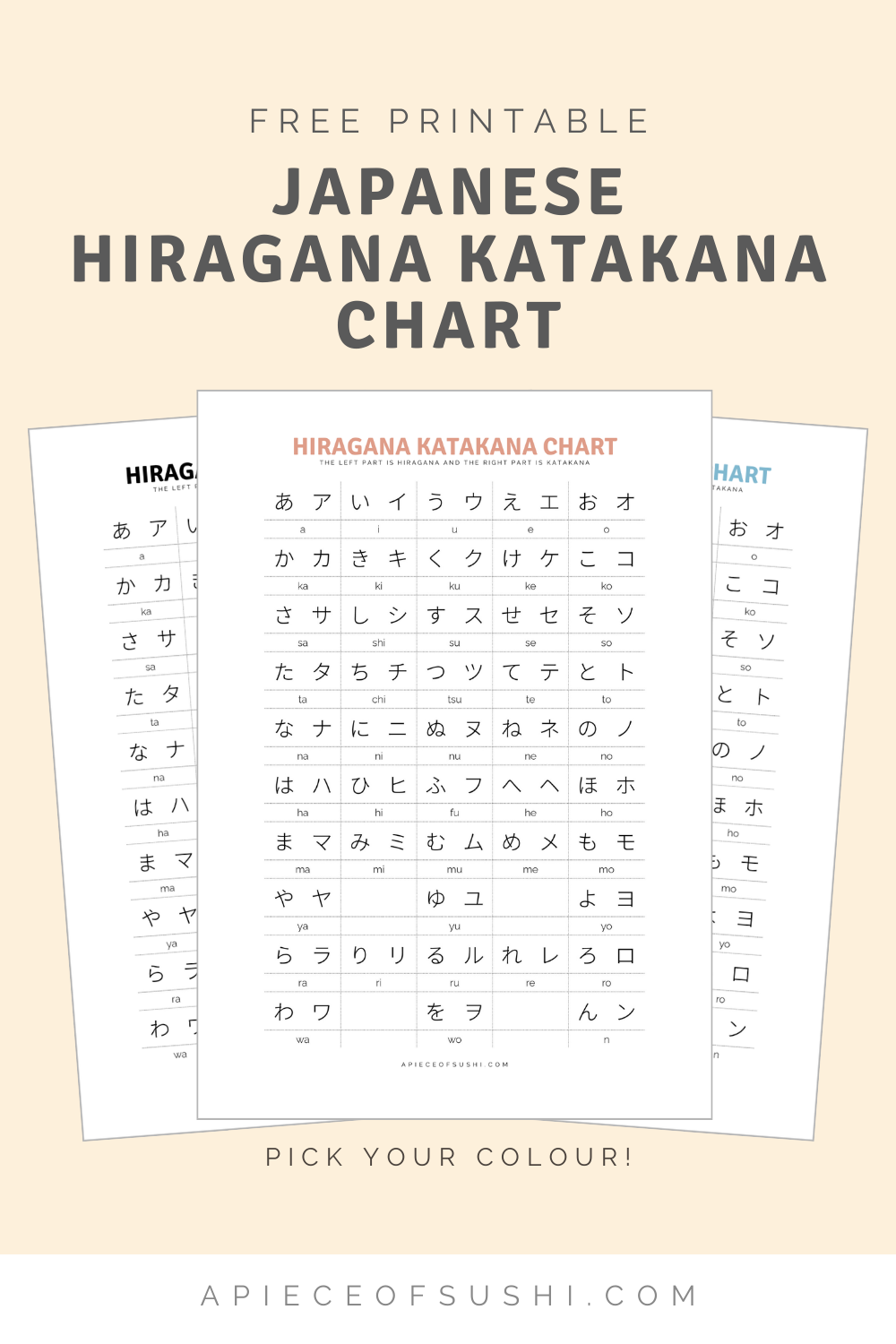 Hiragana Katakana Chart Free Download Printable PDF With 3 Different Colours A PIECE OF SUSHI