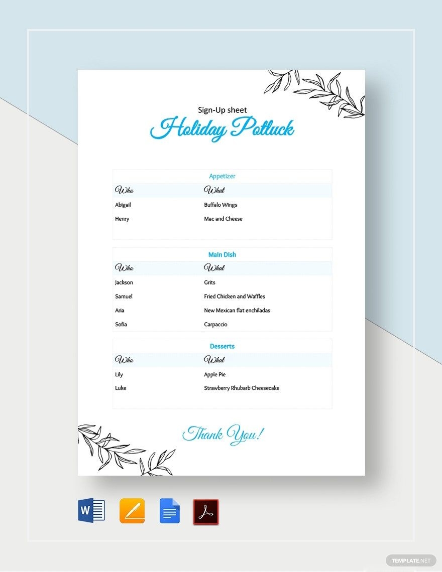 Holiday Potluck Signup Sheet Template In Google Docs Pages Word PDF Download Template