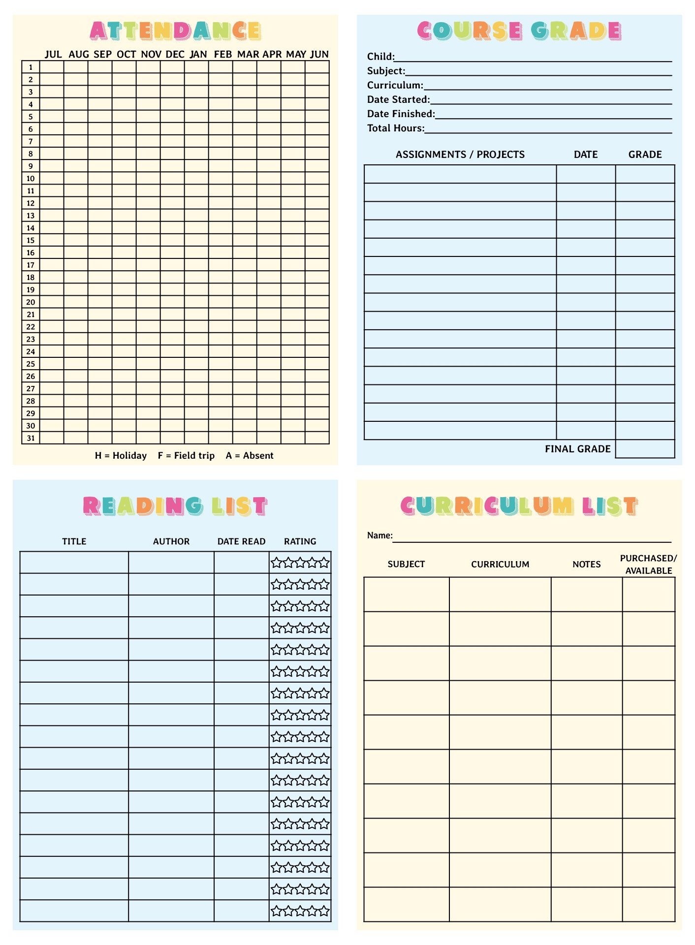 Homeschool Record Keeping 14 Free PDF Printables Printablee