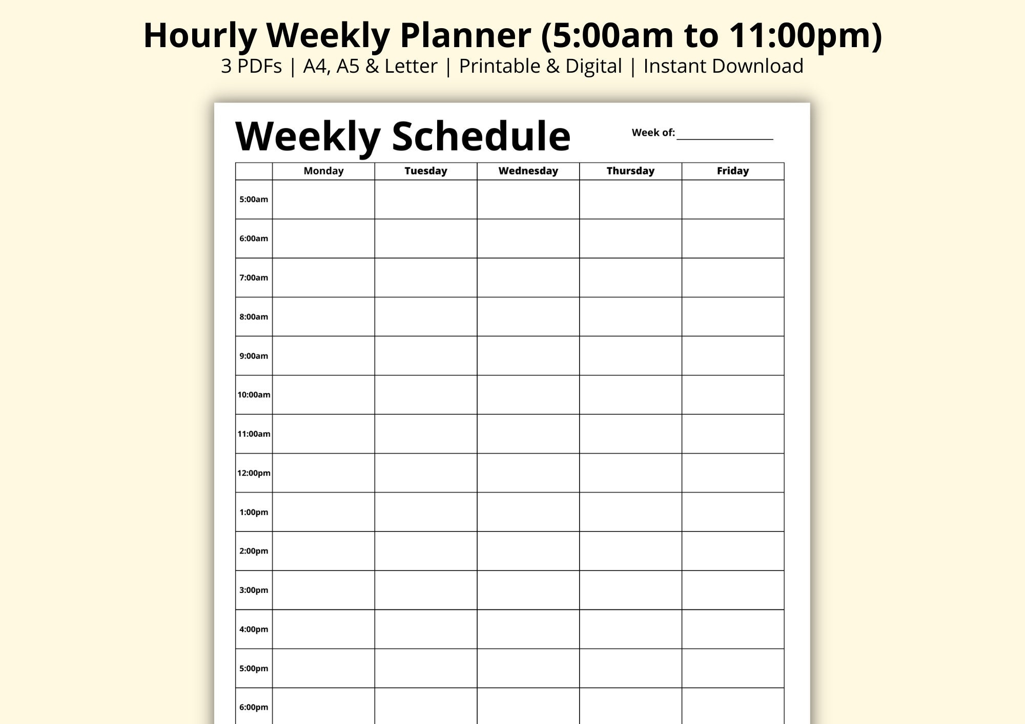 Hourly Weekly Planner 5 Day Planner Week At A Glance Weekly Schedule Work office Planner Time Blocking Printable digital A4 a5 letter Etsy