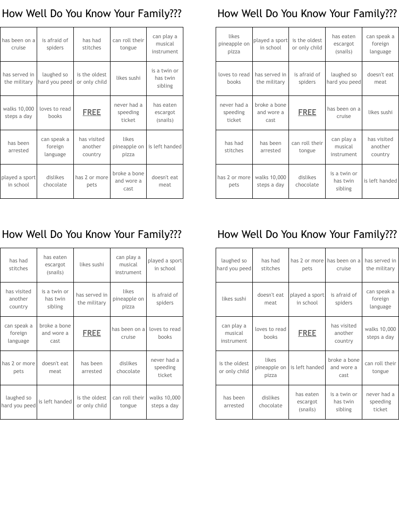 How Well Do You Know Your Family Bingo Cards WordMint