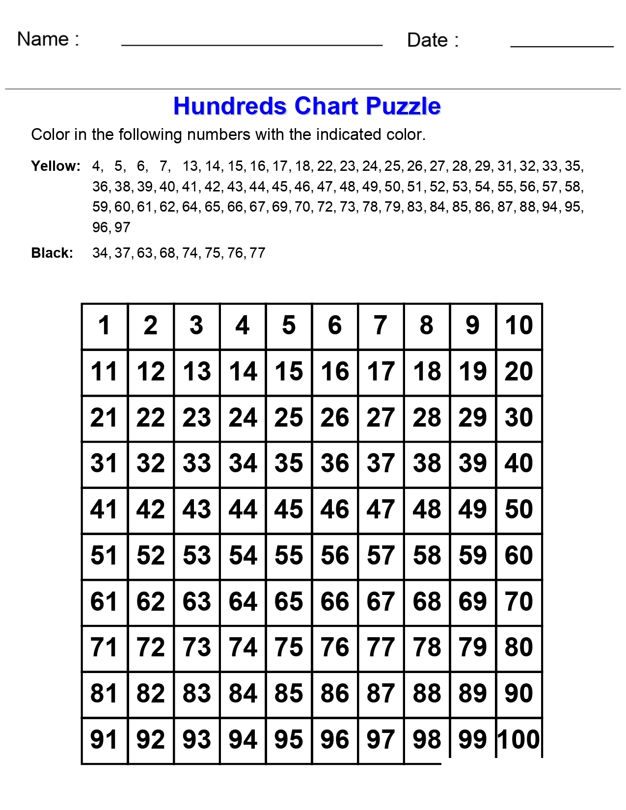 Hundreds Chart Puzzle Printable