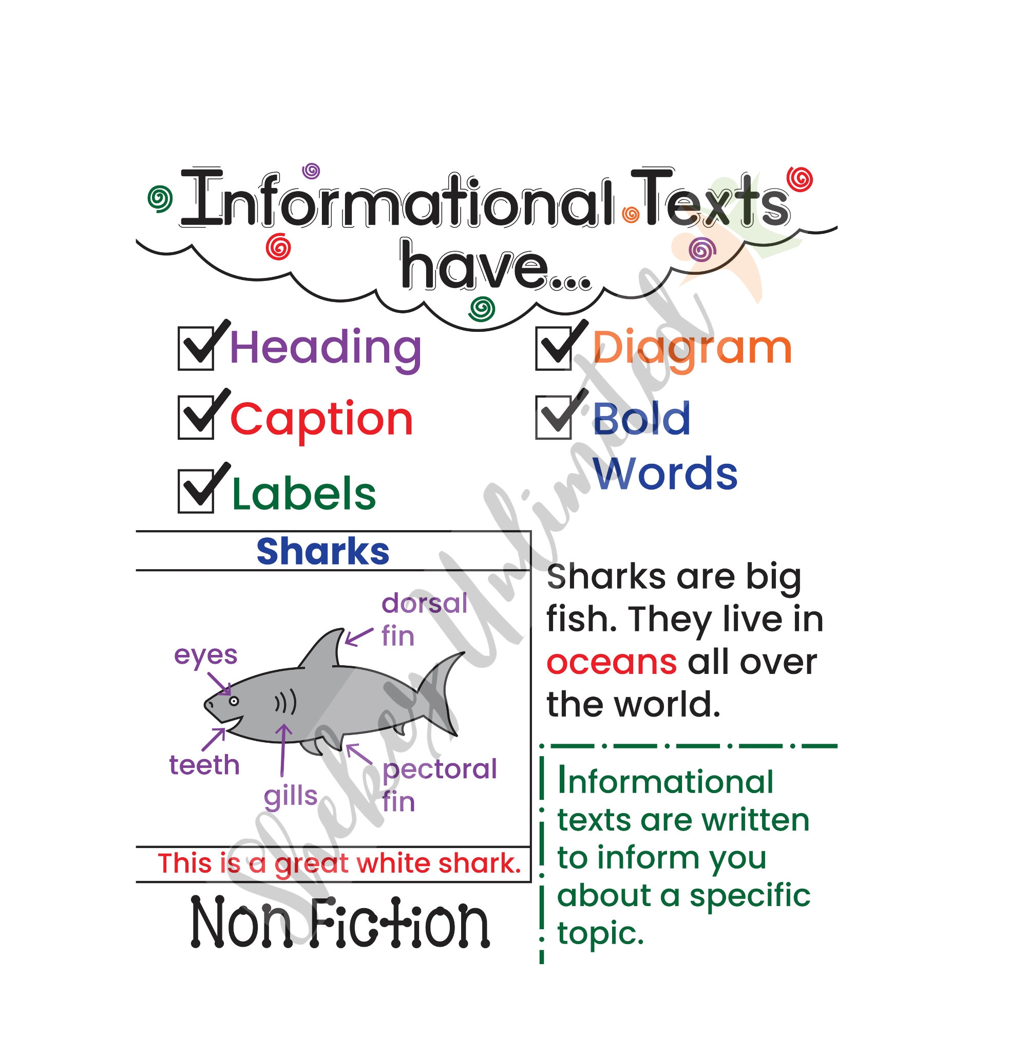Informational Texts Anchor Chart ELA Classroom Poster Nonfiction Reading Strategies Laminated Educational Poster Shark Diagram 24x28 Etsy