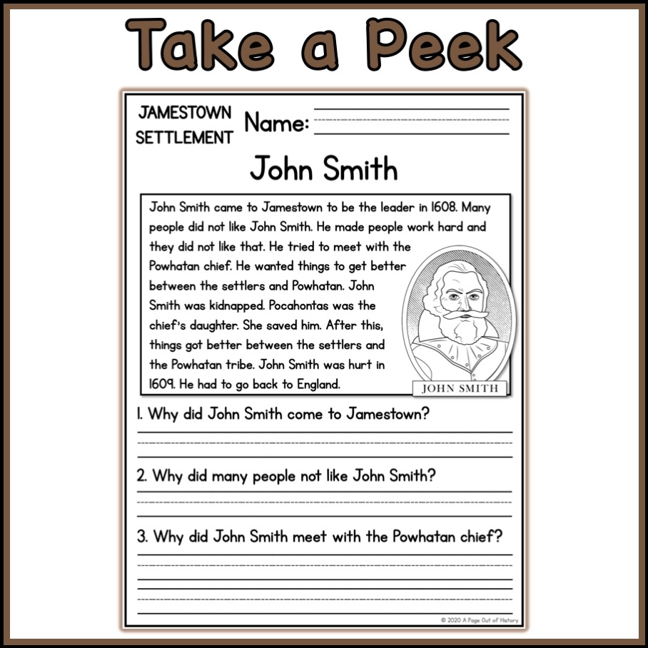 Jamestown Settlement Social Studies Reading Comprehension Passages K 2 Made By Teachers