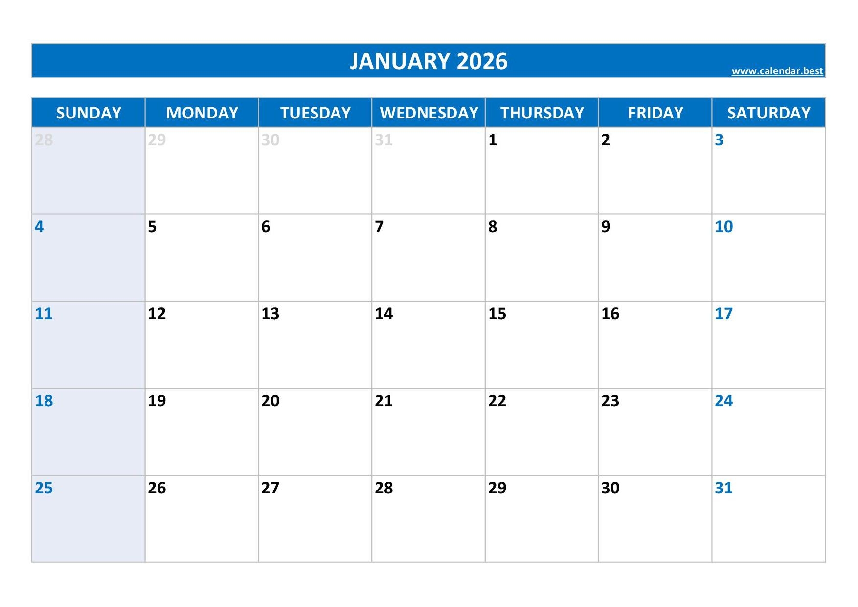 January 2026 Calendar Calendar best