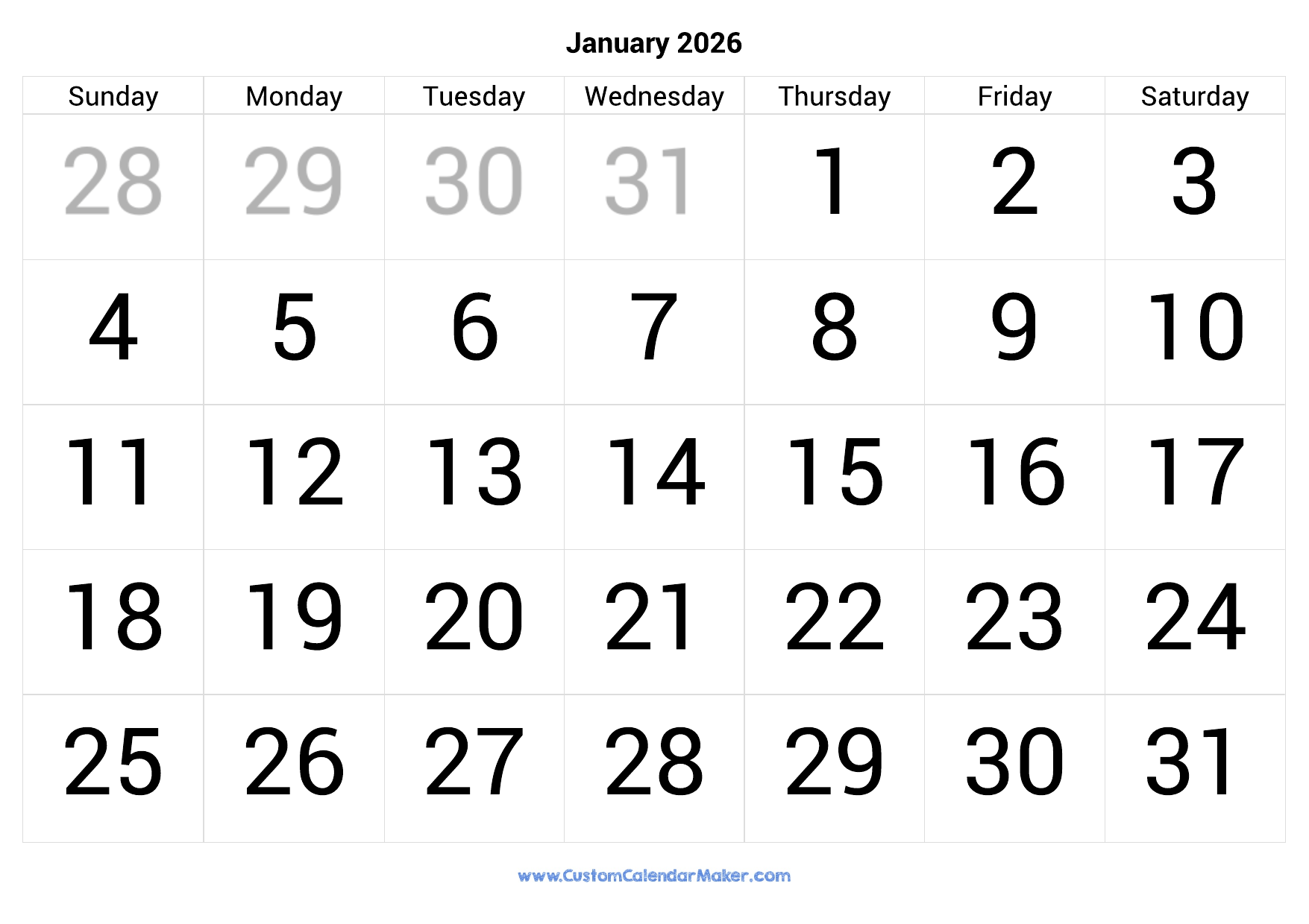 2026 Jan Calendar Printable