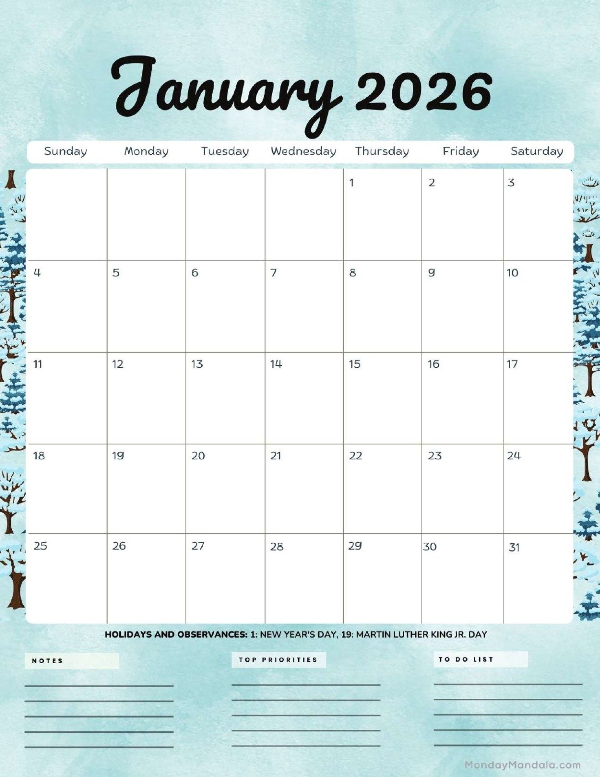 January 2026 Weekly Calendar Printable January 2026 Weekly Calendar Printable
