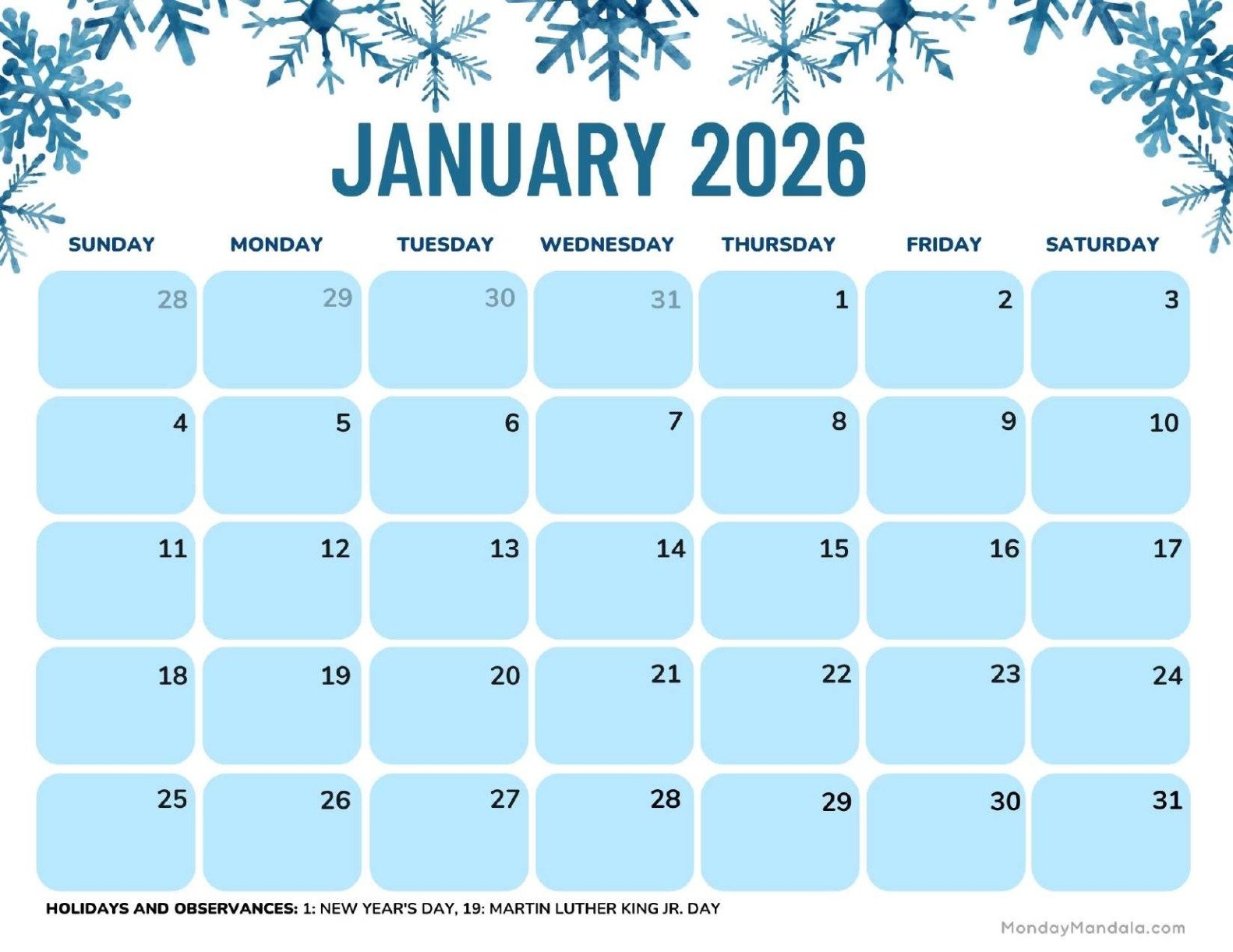 Blank January 2026 Calendar Printable Pdf