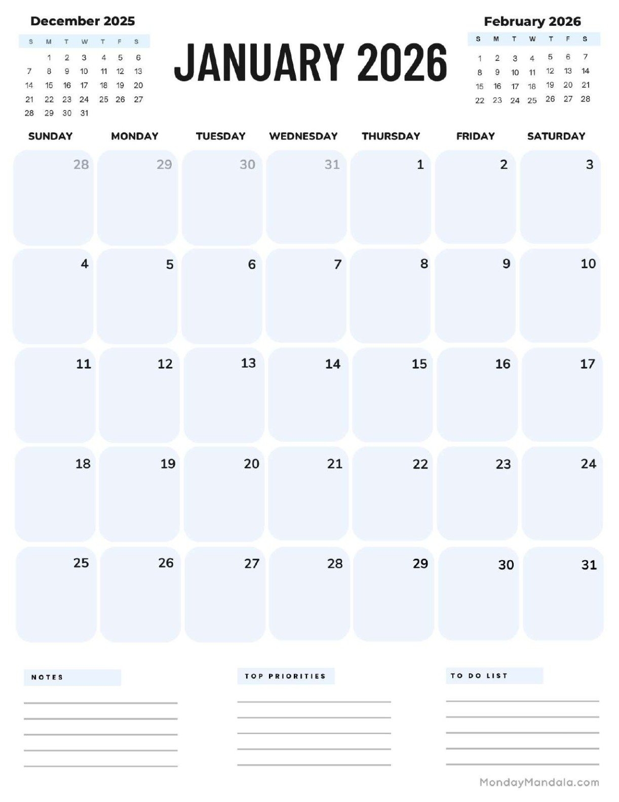 Blank January 2026 Calendar Printable Pdf