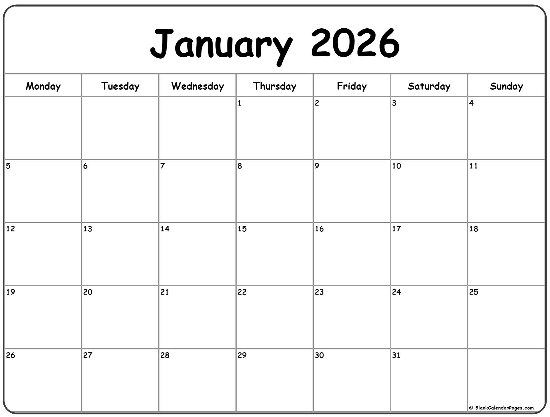 2026 Printable Calendar Monday Start