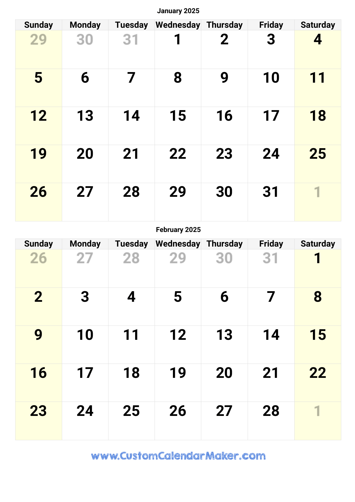 January February Calendar Printable