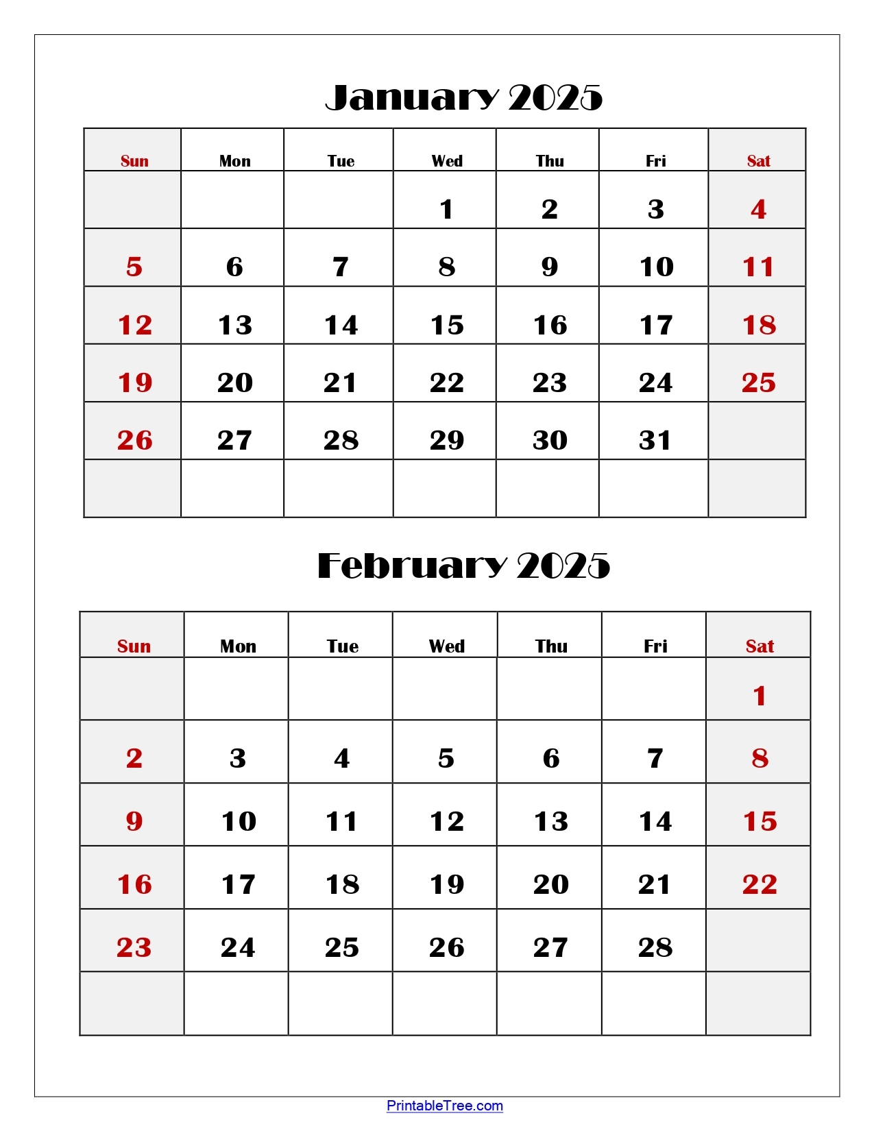 January And February 2025 Calendar Two Months Calendar