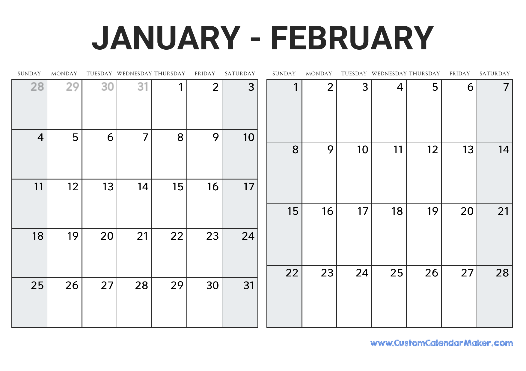 January And February 2026 Calendar Custom Calendar Maker